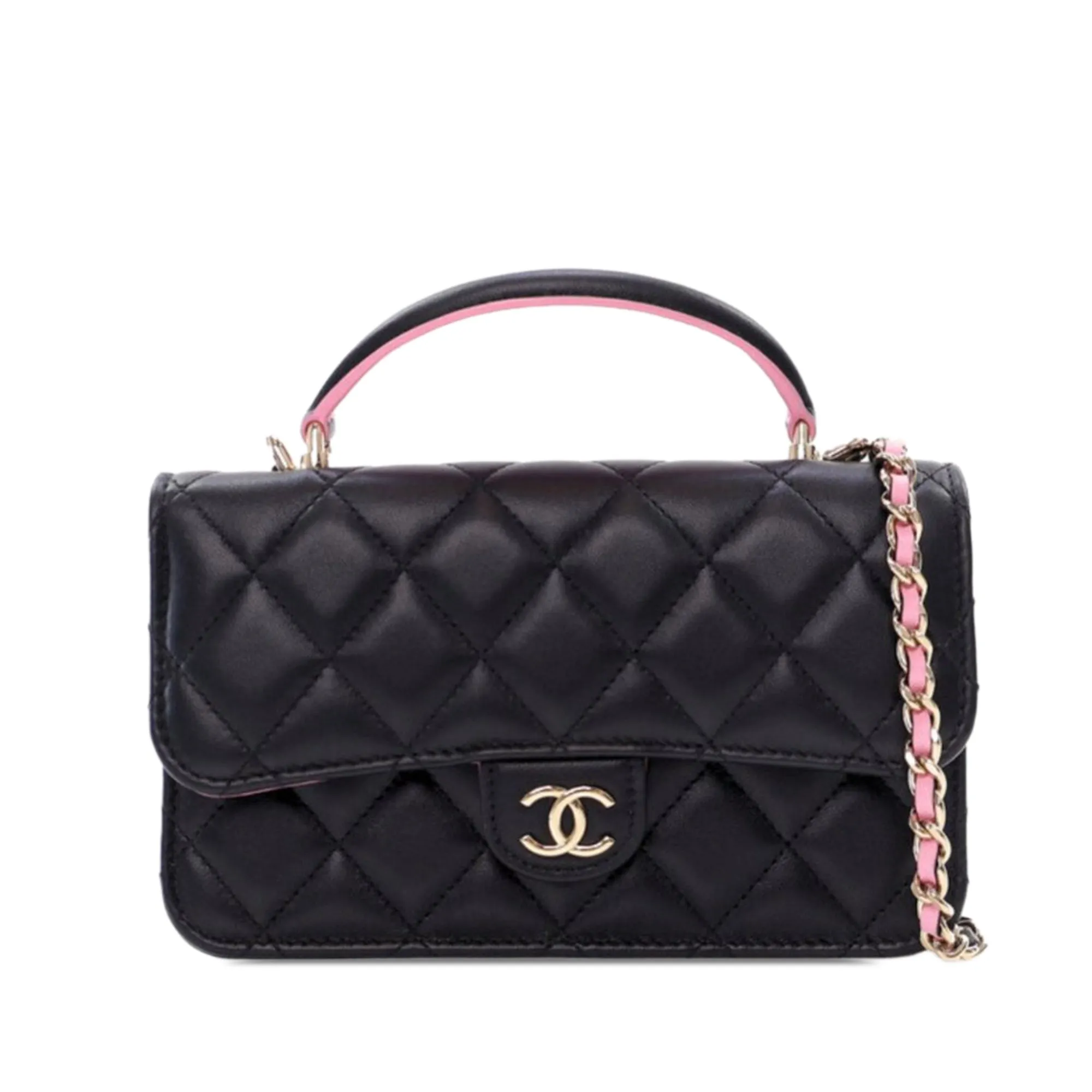Black Chanel Bicolor Quilted Lambskin Top Handle Phone Holder with Chain Satchel