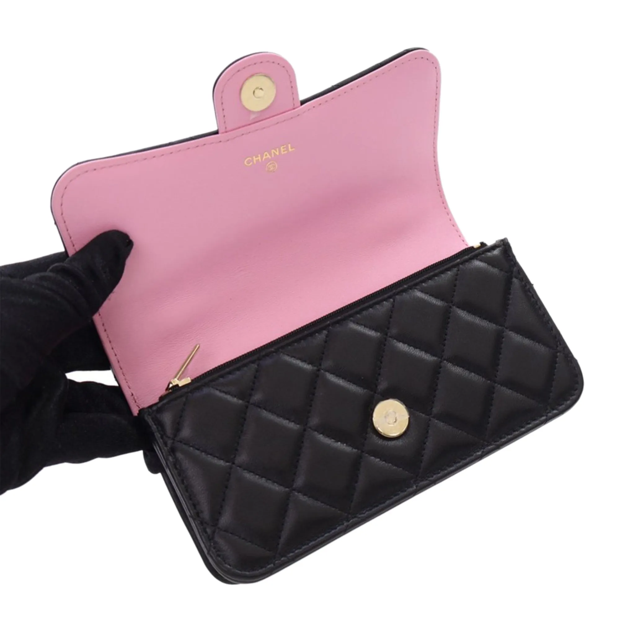 Black Chanel Bicolor Quilted Lambskin Top Handle Phone Holder with Chain Satchel