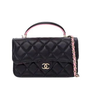 Black Chanel Bicolor Quilted Lambskin Top Handle Phone Holder with Chain Satchel