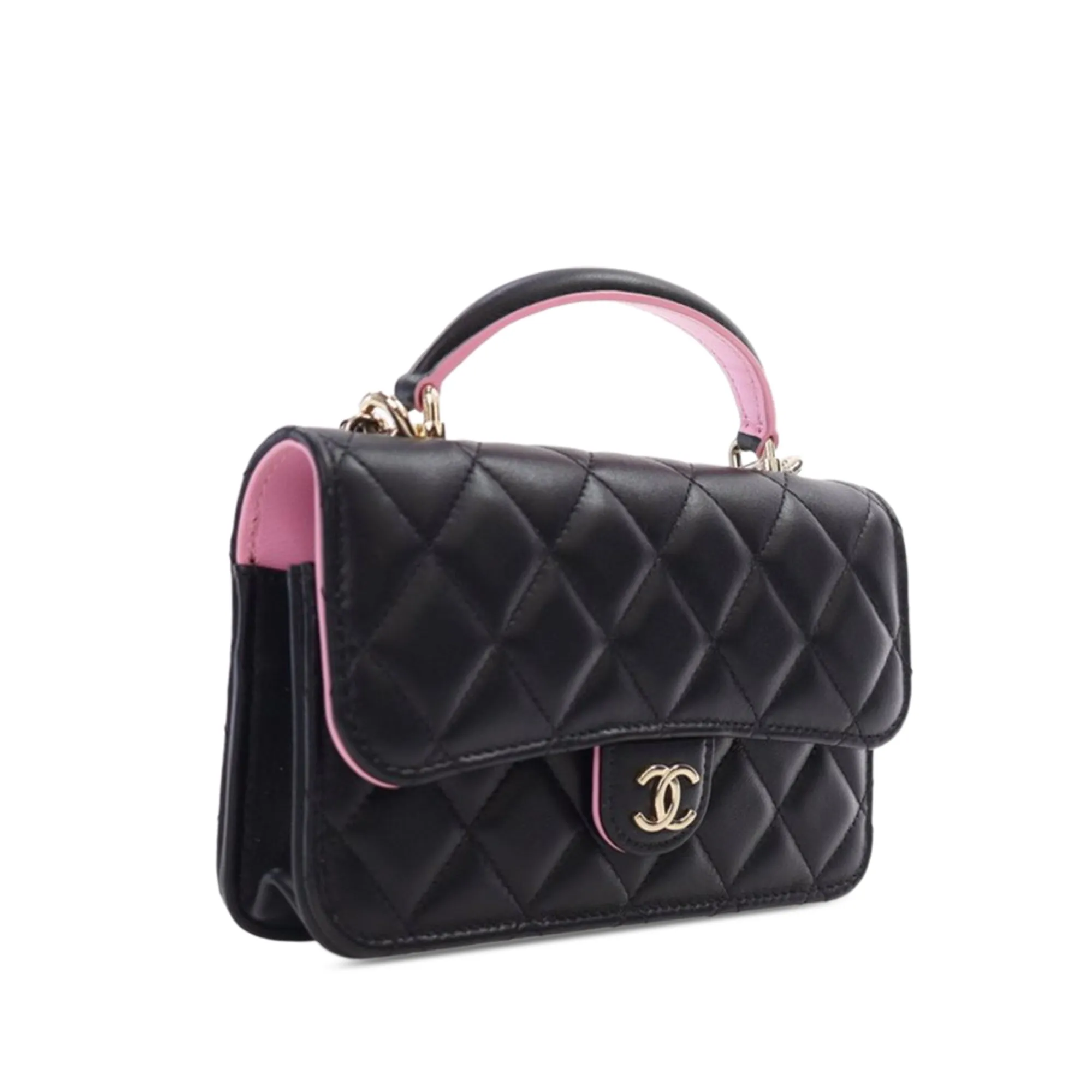 Black Chanel Bicolor Quilted Lambskin Top Handle Phone Holder with Chain Satchel
