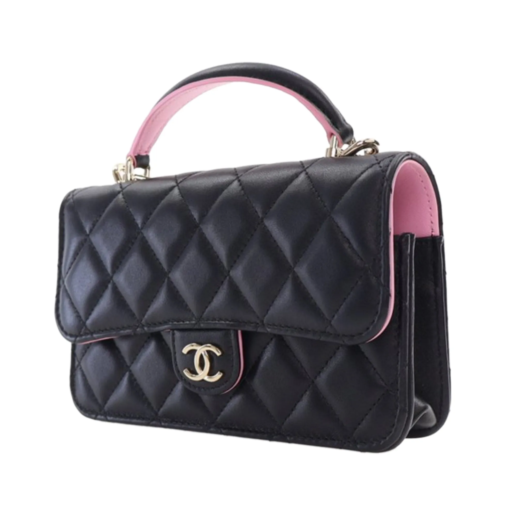 Black Chanel Bicolor Quilted Lambskin Top Handle Phone Holder with Chain Satchel