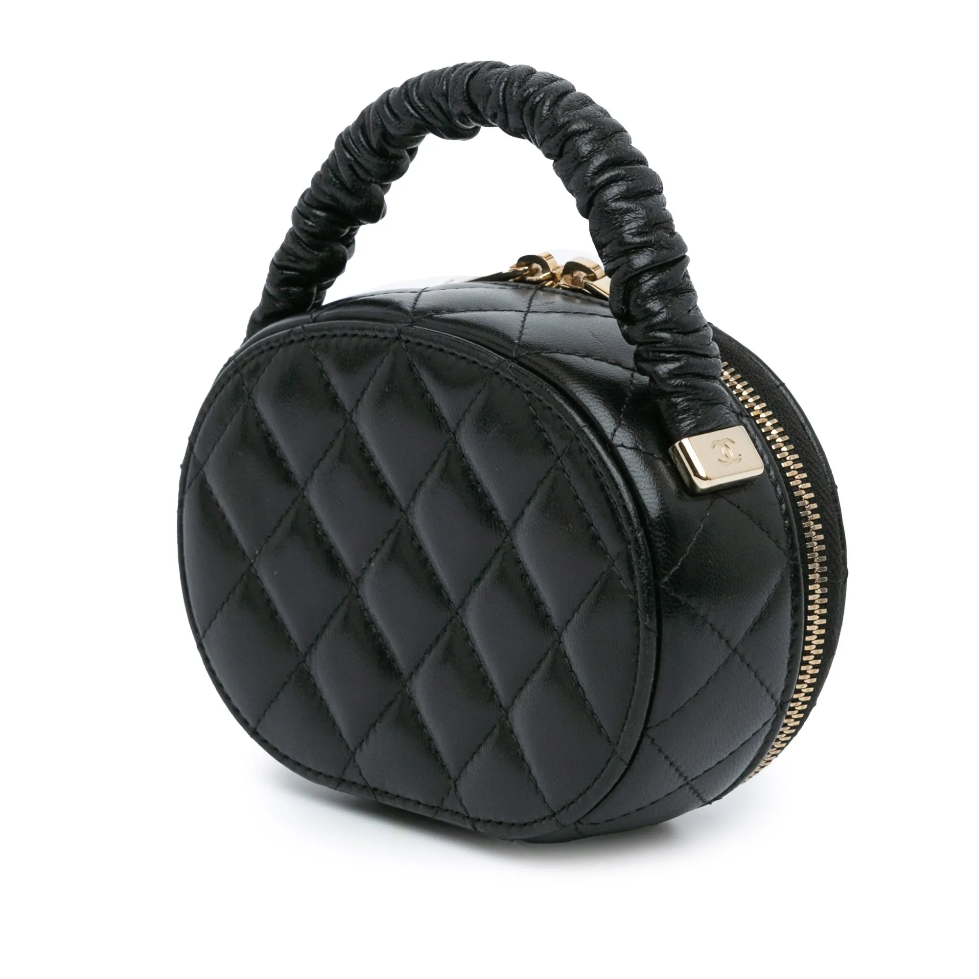 Black Chanel CC Quilted Lambskin Oval Top Handle Clutch Handbag
