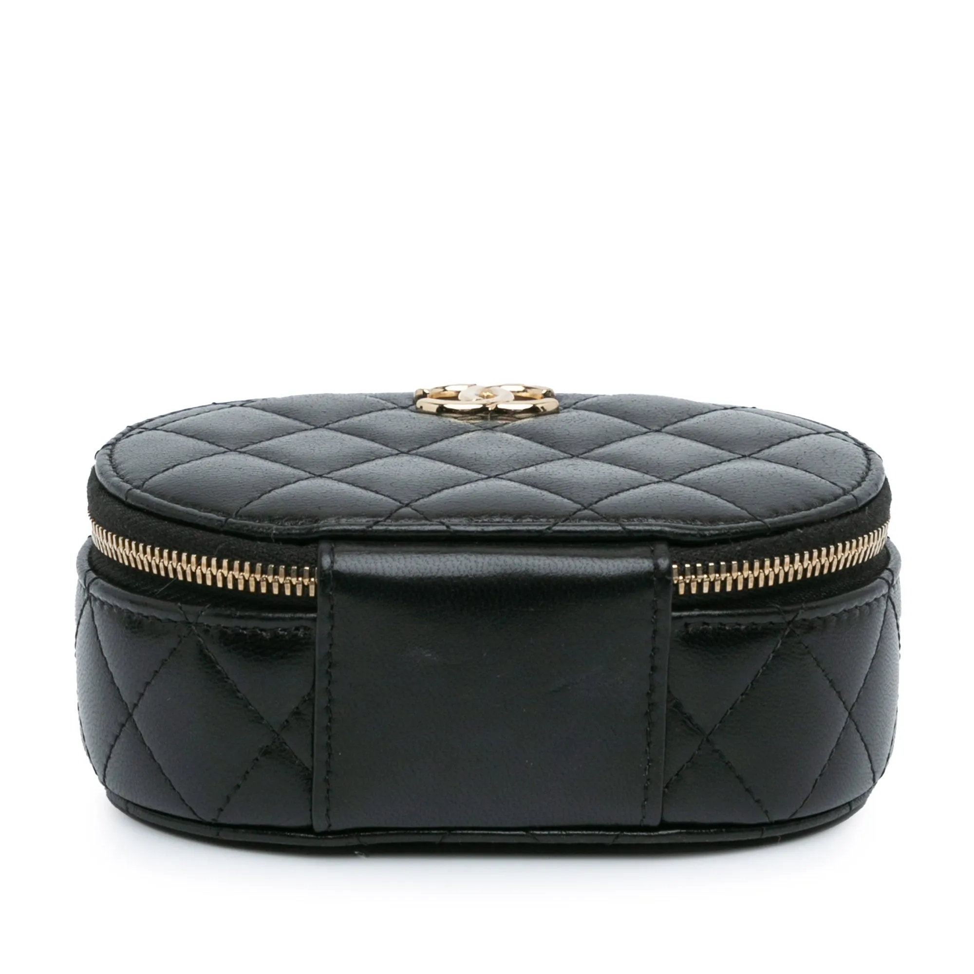 Black Chanel CC Quilted Lambskin Oval Top Handle Clutch Handbag