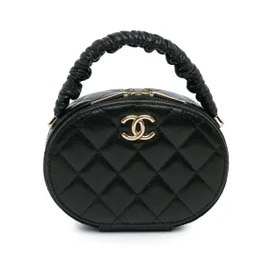 Black Chanel CC Quilted Lambskin Oval Top Handle Clutch Handbag