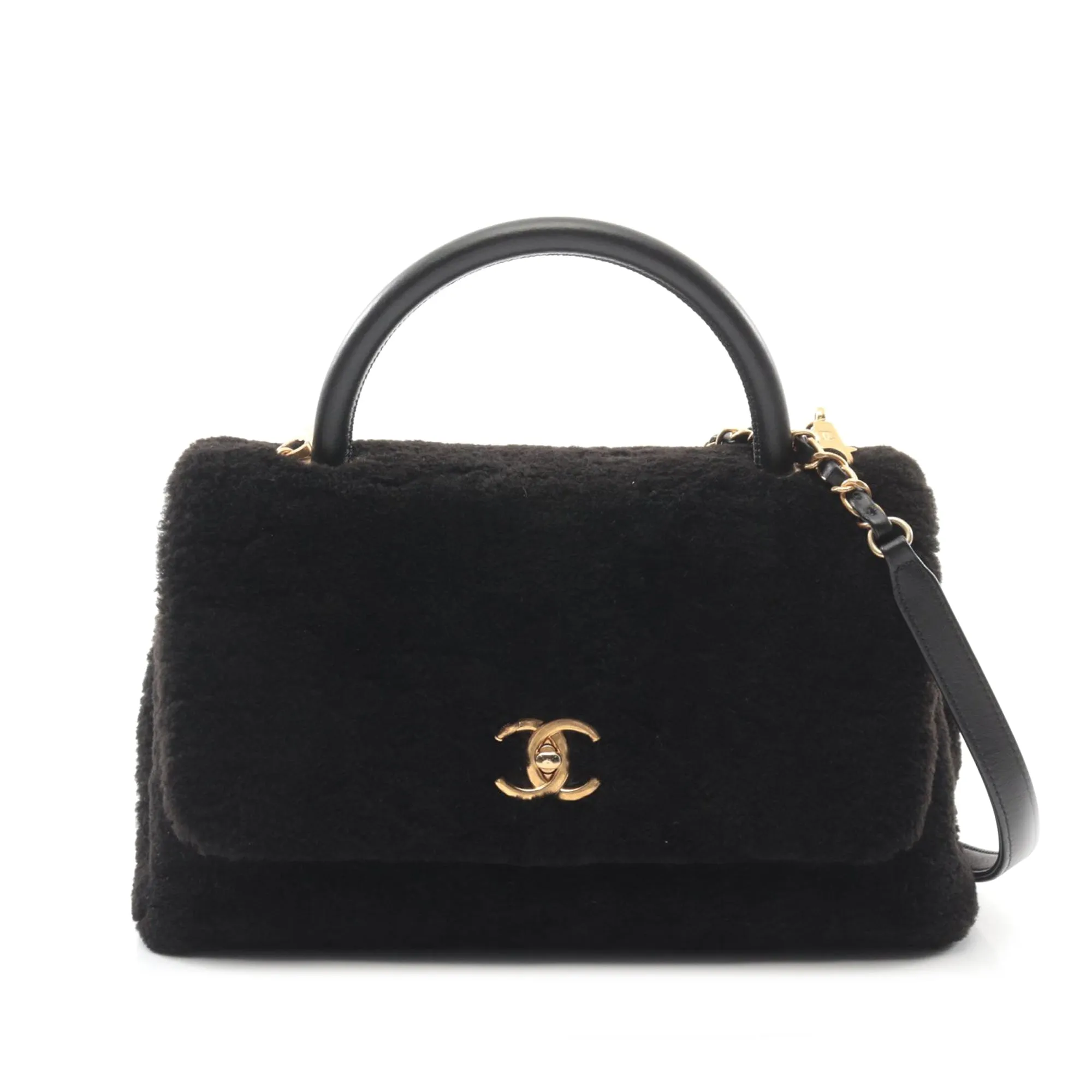 Black Chanel Medium Shearling Coco Top Handle Bag Satchel