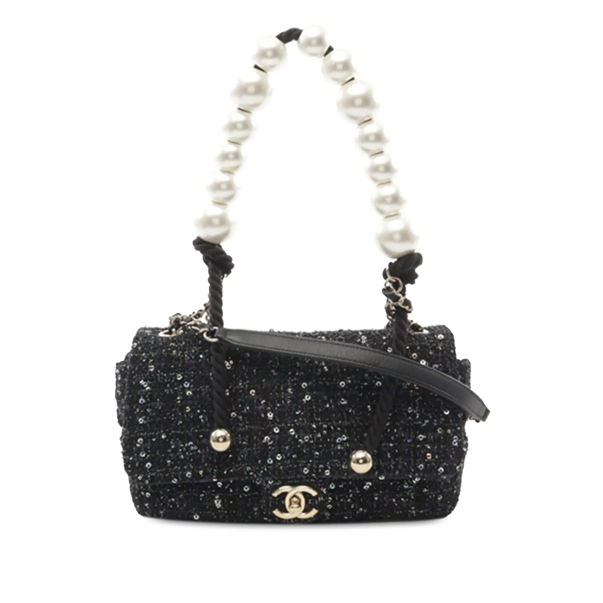 Black Chanel Medium Tweed Pearl Top Handle Flap Satchel