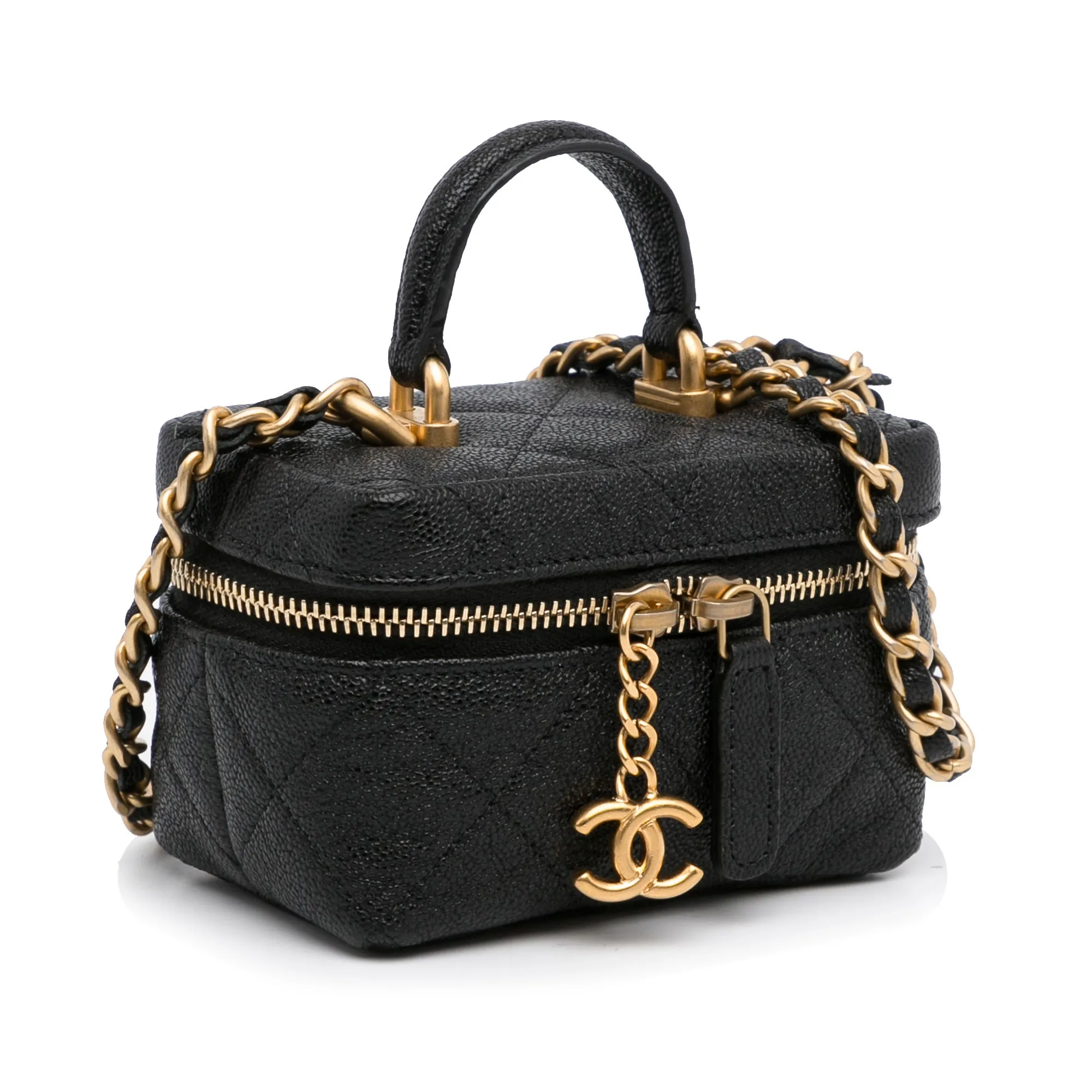 Black Chanel Micro Caviar Vanity Case with Chain Satchel