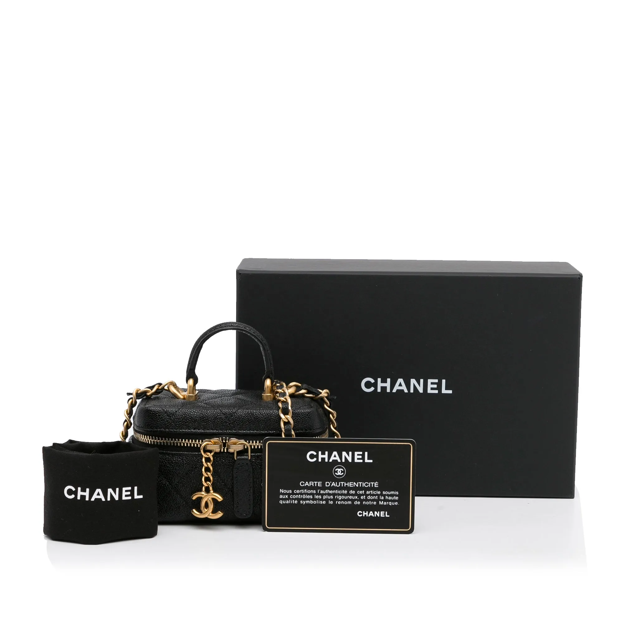 Black Chanel Micro Caviar Vanity Case with Chain Satchel