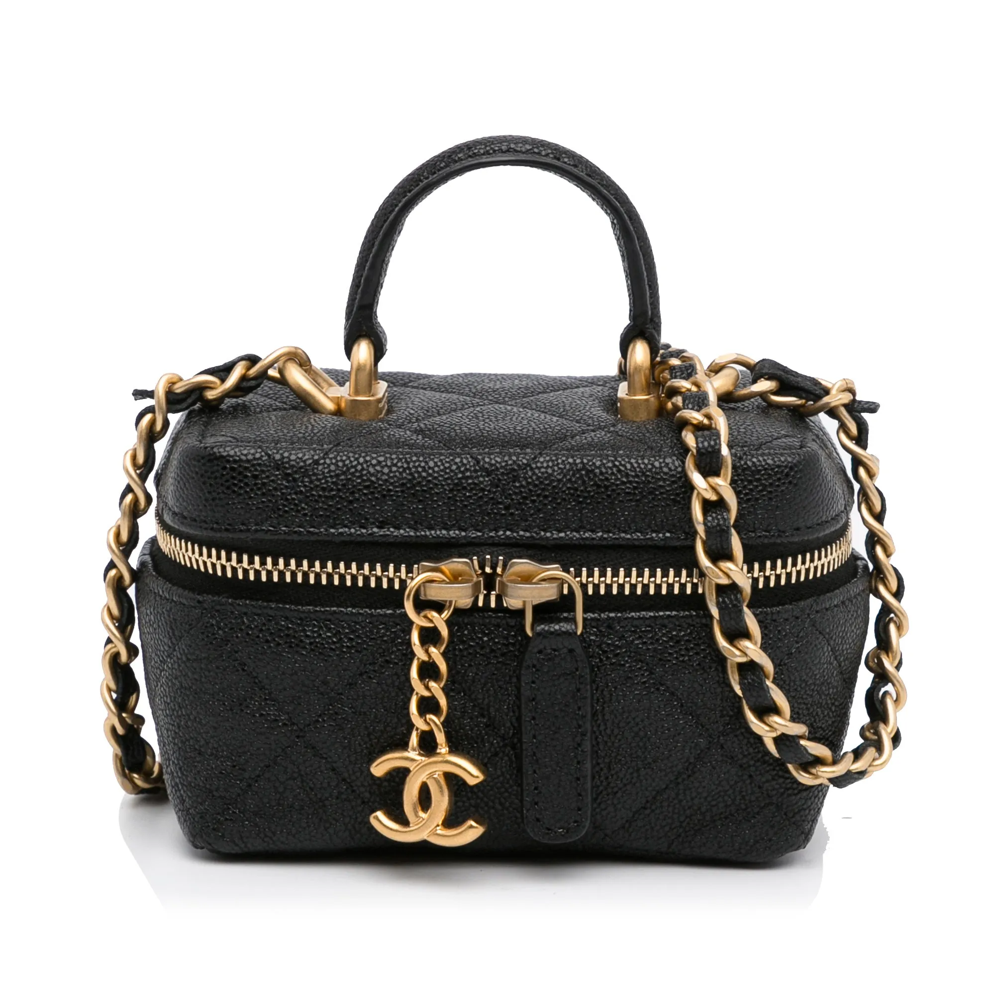 Black Chanel Micro Caviar Vanity Case with Chain Satchel
