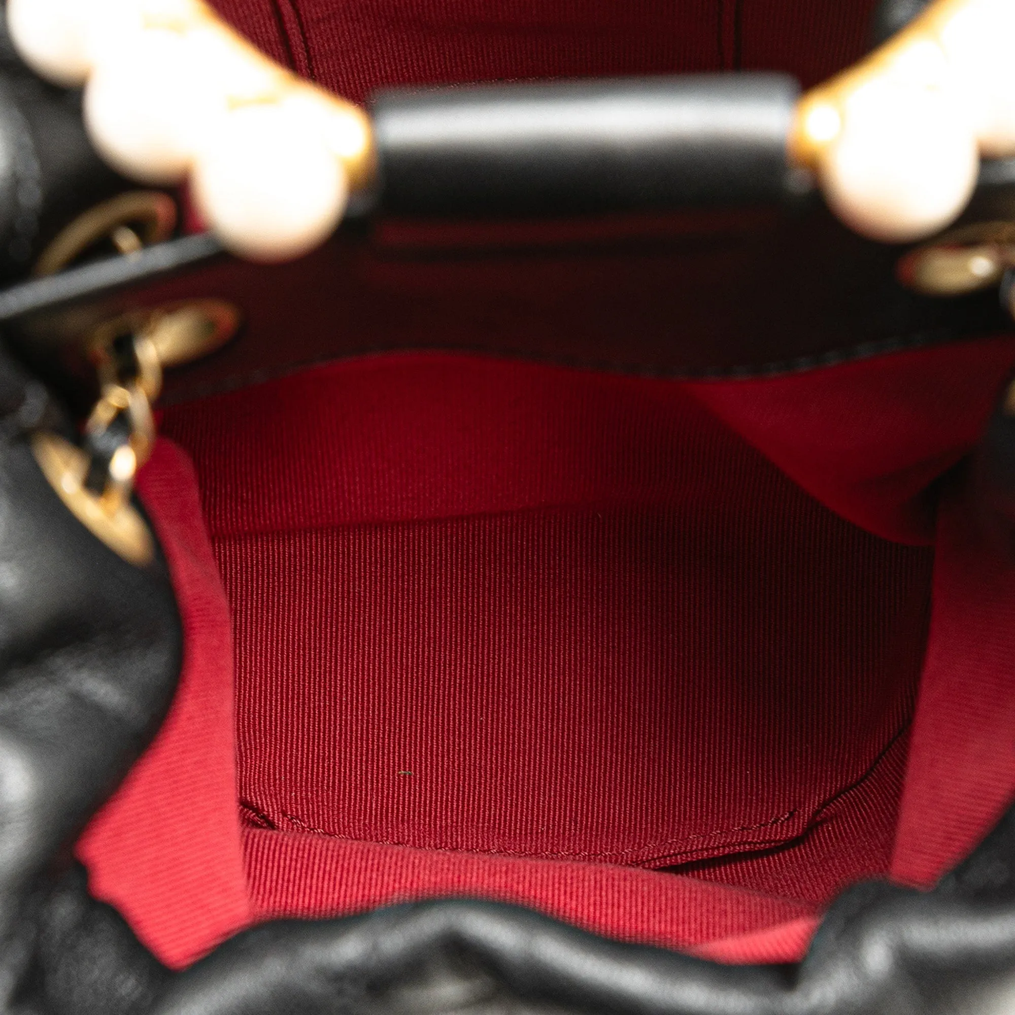 Black Chanel Quilted Lambskin Pearl Crown Drawstring Bucket Bag
