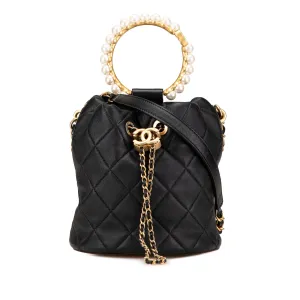 Black Chanel Quilted Lambskin Pearl Crown Drawstring Bucket Bag