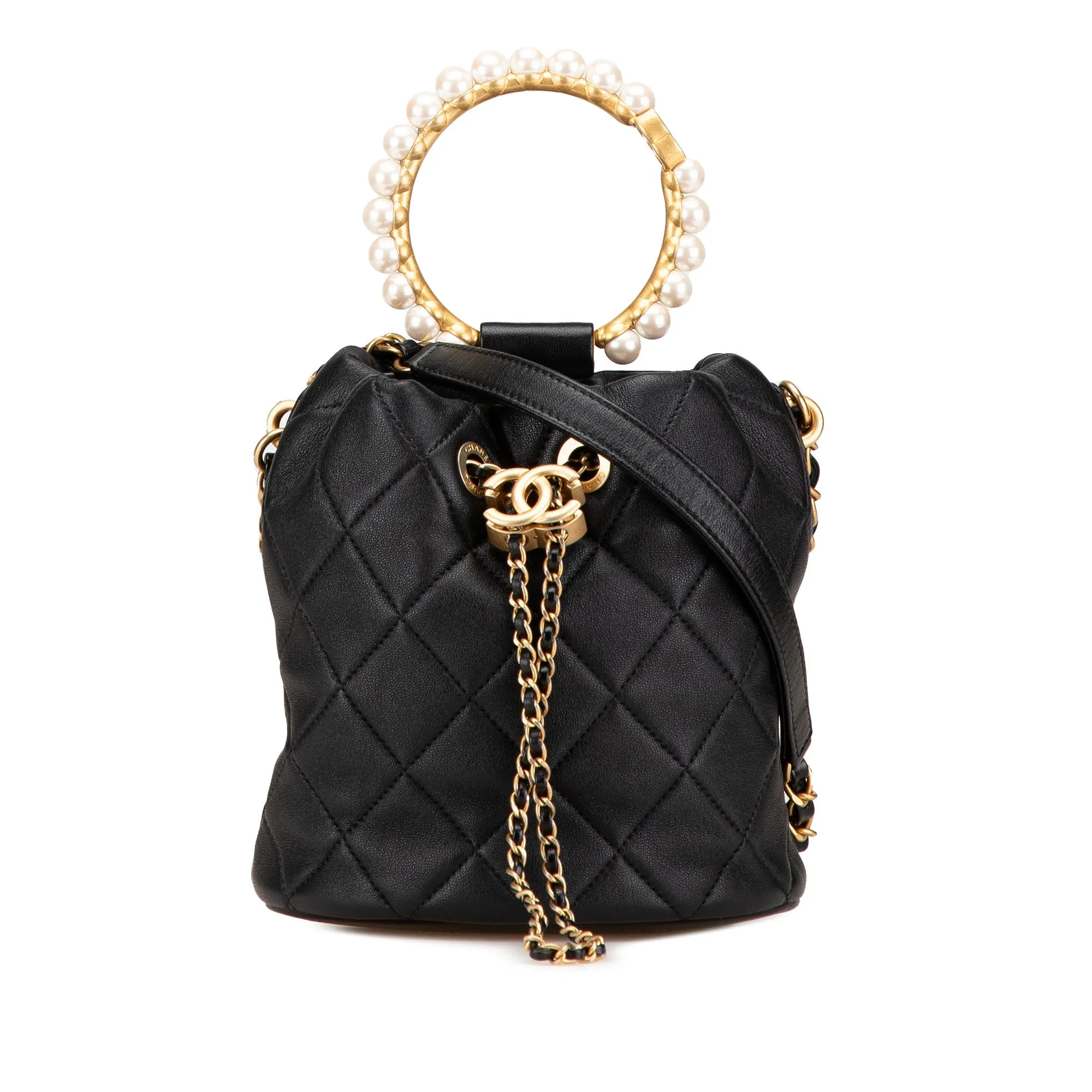 Black Chanel Quilted Lambskin Pearl Crown Drawstring Bucket Bag