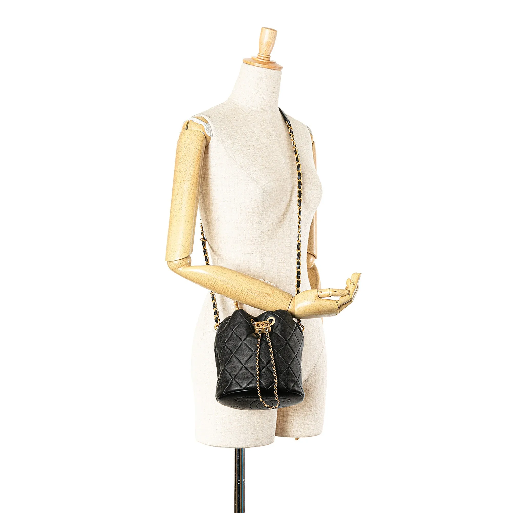 Black Chanel Quilted Lambskin Pearl Crown Drawstring Bucket Bag