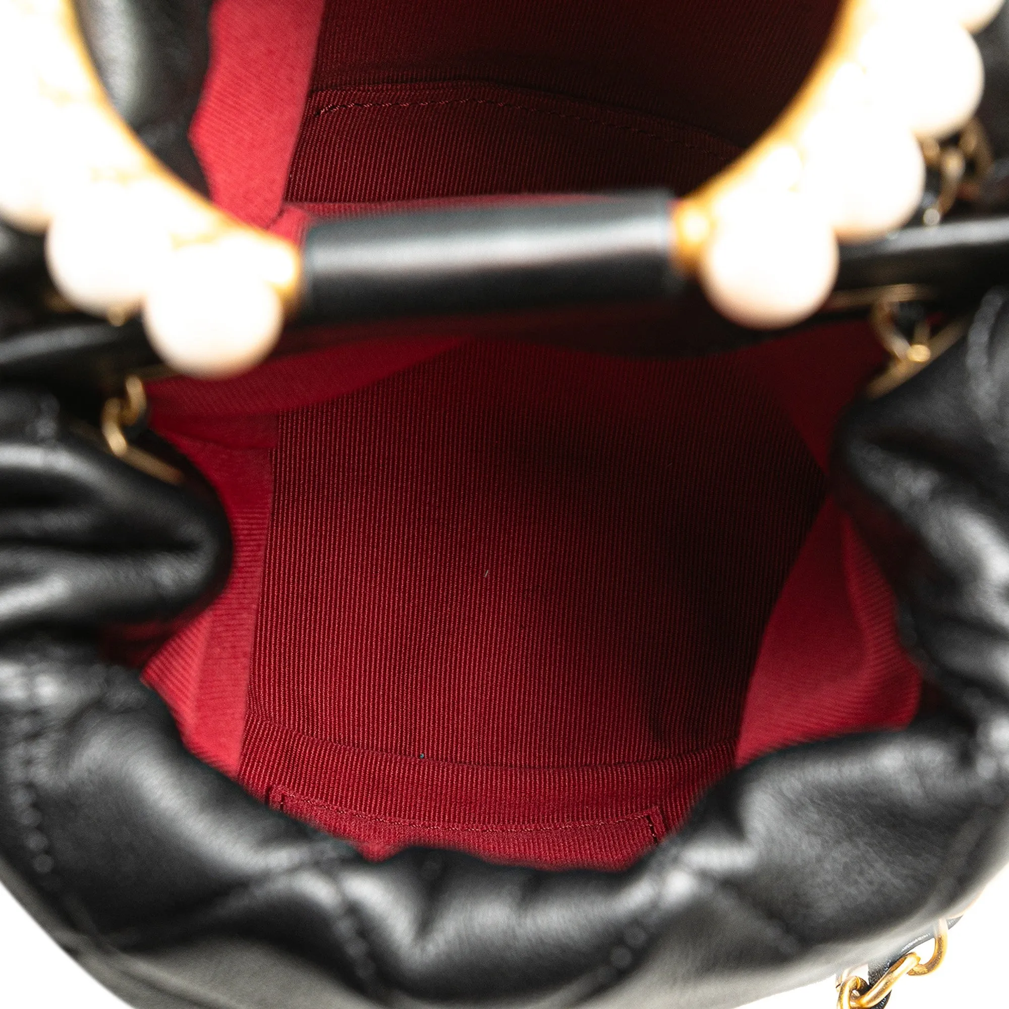 Black Chanel Quilted Lambskin Pearl Crown Drawstring Bucket Bag