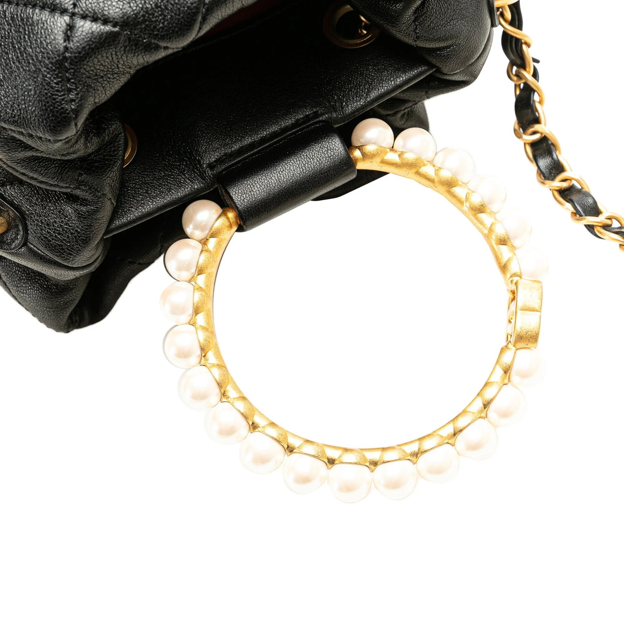 Black Chanel Quilted Lambskin Pearl Crown Drawstring Bucket Bag