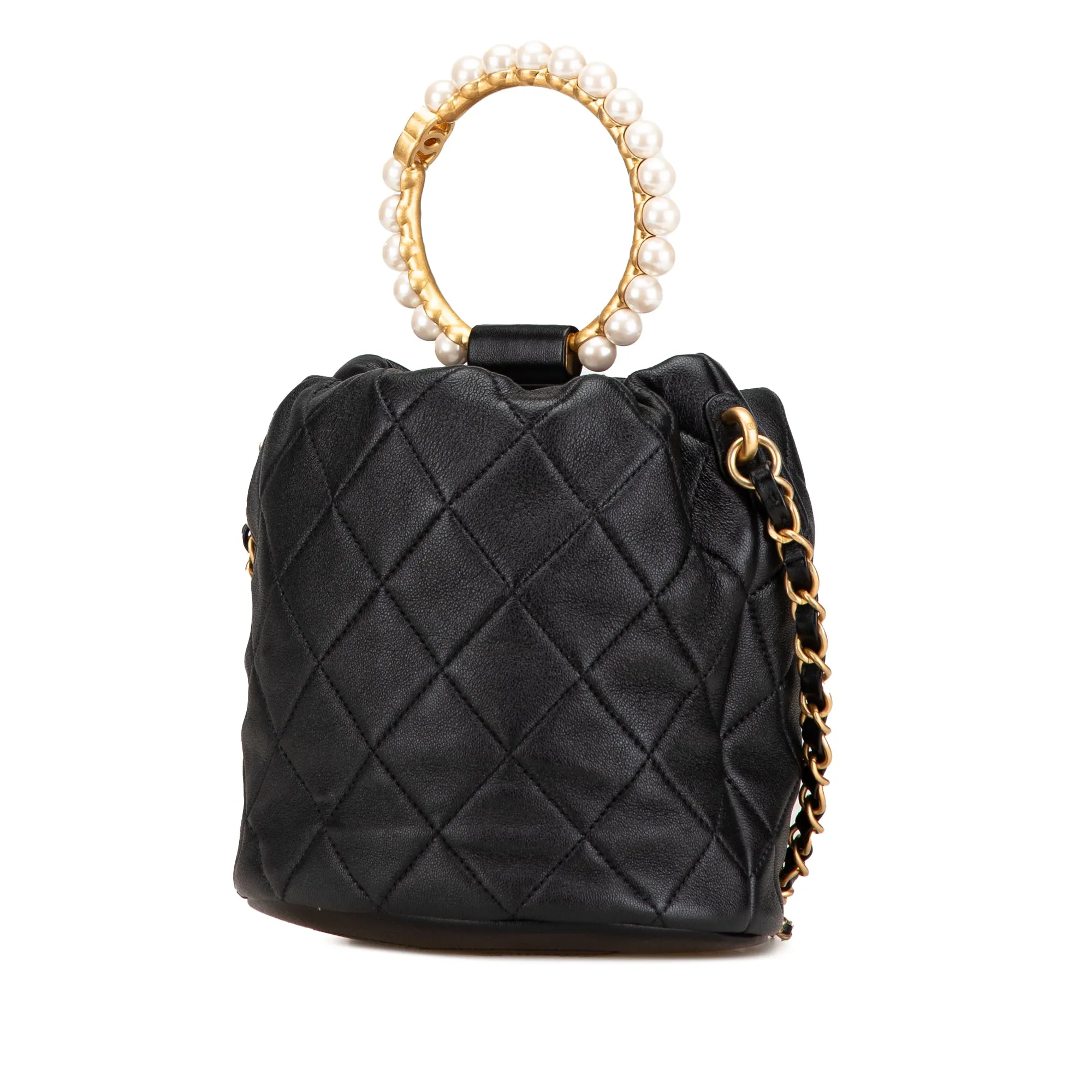 Black Chanel Quilted Lambskin Pearl Crown Drawstring Bucket Bag