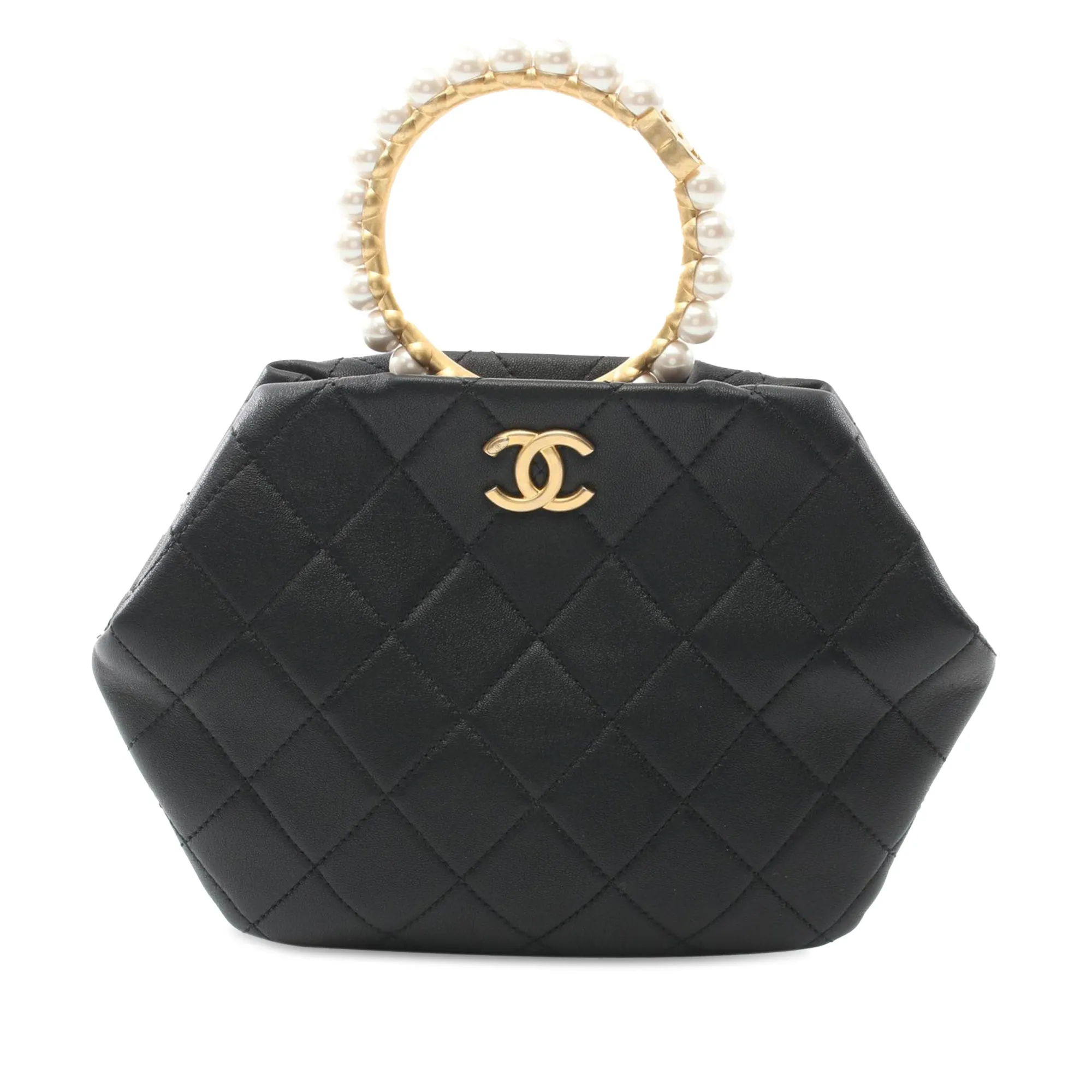 Black Chanel Quilted Lambskin Pearl Crown Handle Clutch Handbag
