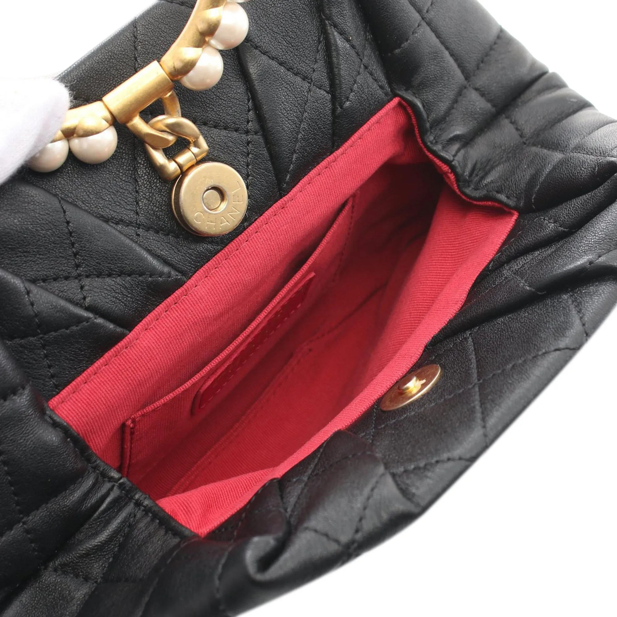 Black Chanel Quilted Lambskin Pearl Crown Handle Clutch Handbag