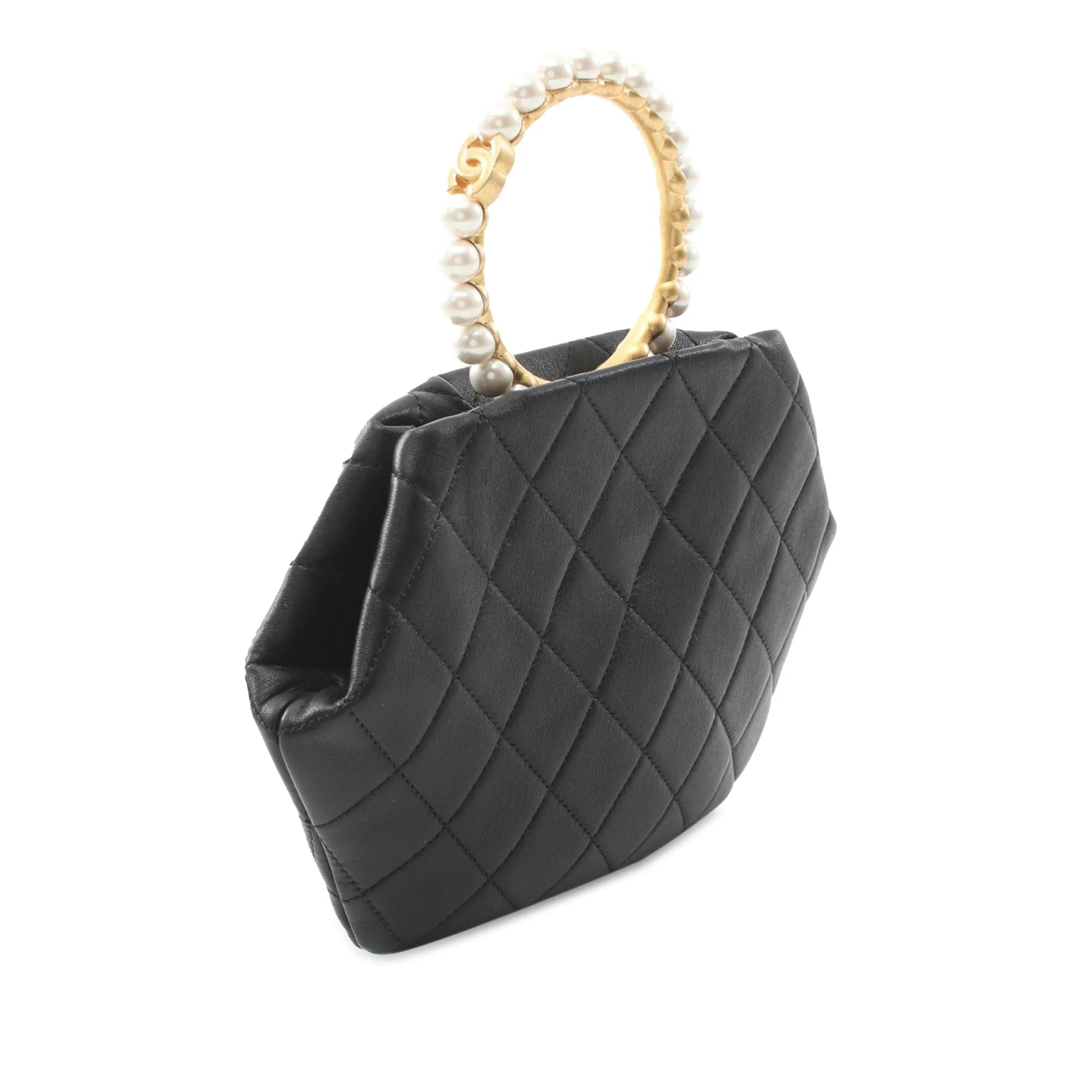 Black Chanel Quilted Lambskin Pearl Crown Handle Clutch Handbag