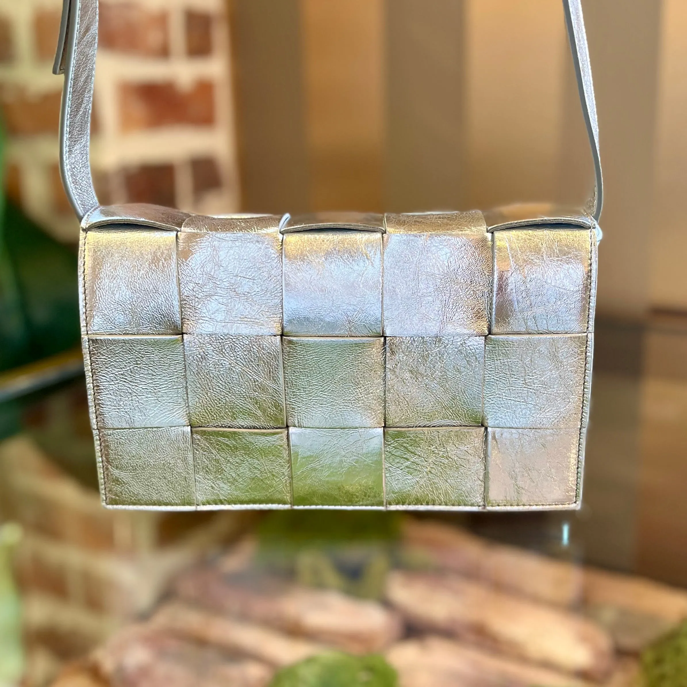BOTTEGA VENETA Cassette Maxi Intrecciato Silver Metallic Lambskin Crossbody