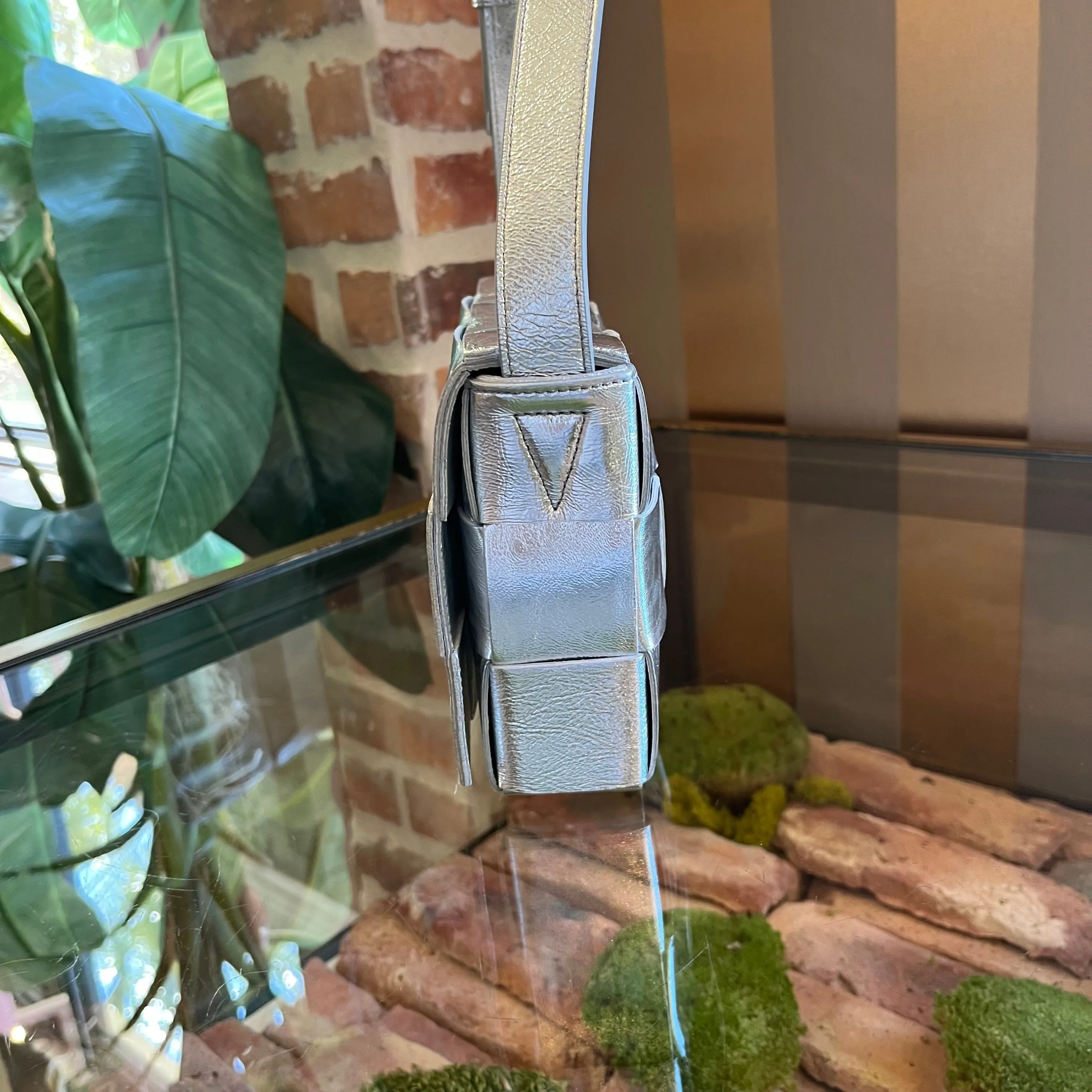 BOTTEGA VENETA Cassette Maxi Intrecciato Silver Metallic Lambskin Crossbody