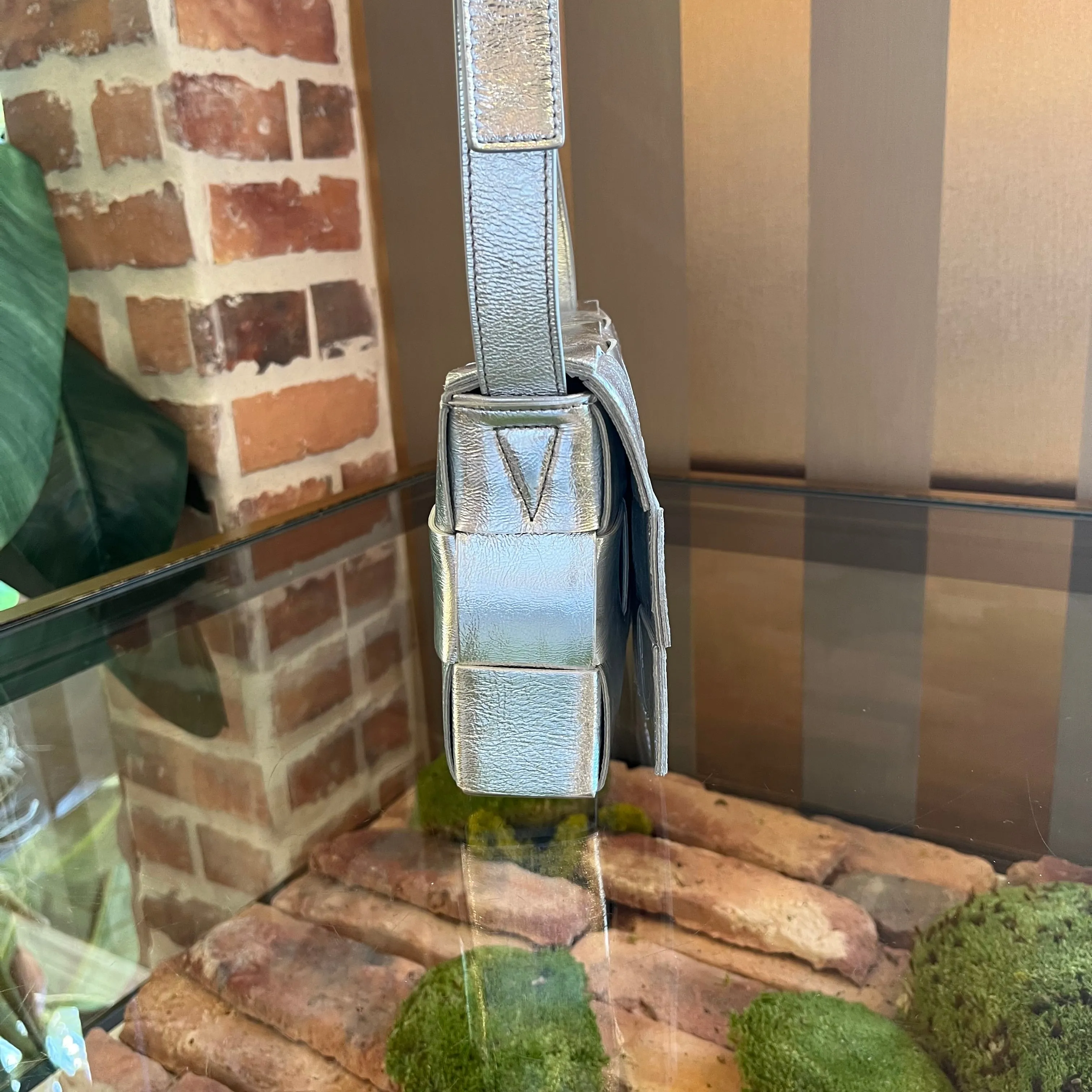 BOTTEGA VENETA Cassette Maxi Intrecciato Silver Metallic Lambskin Crossbody