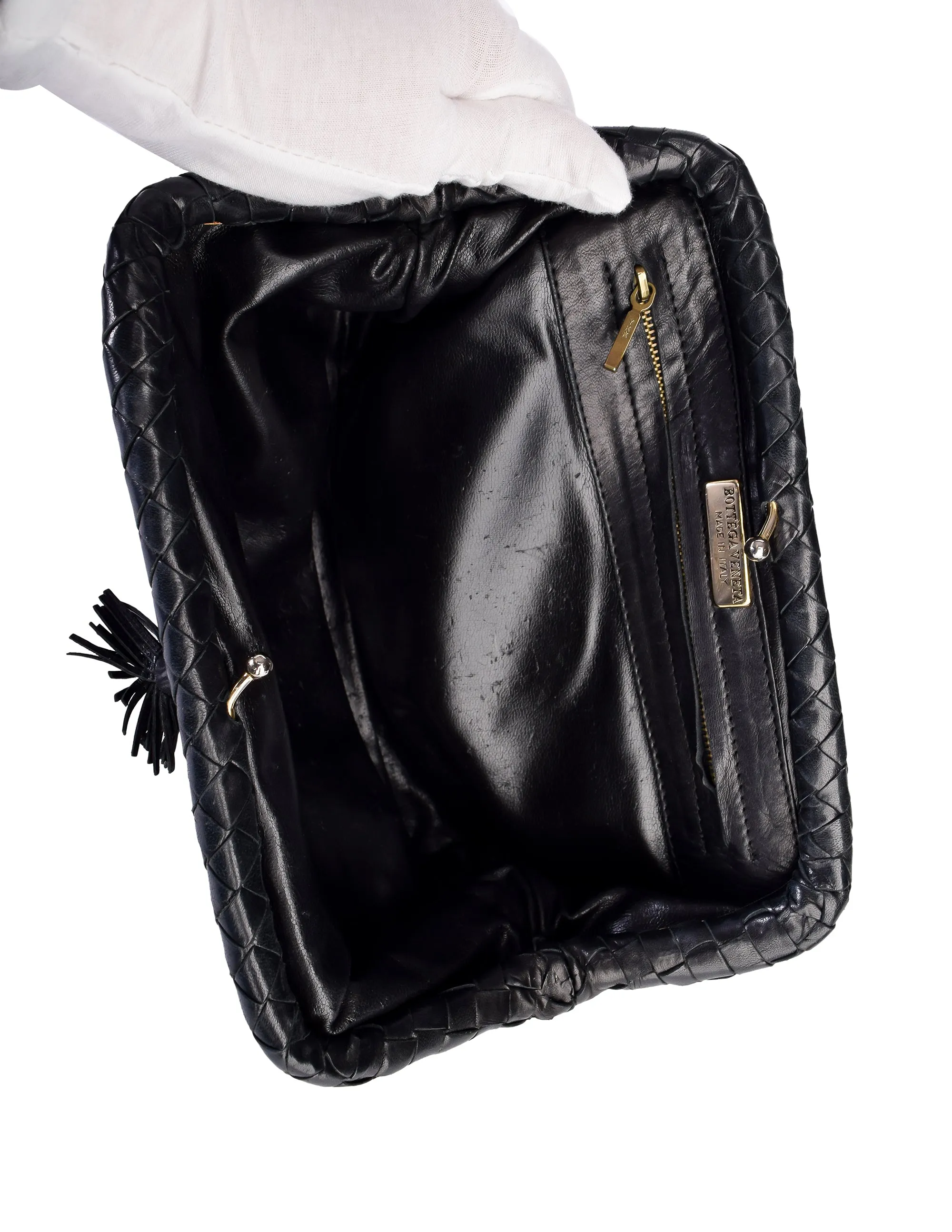 Bottega Veneta Vintage Black Intrecciato Woven Leather Kisslock Clutch Bag