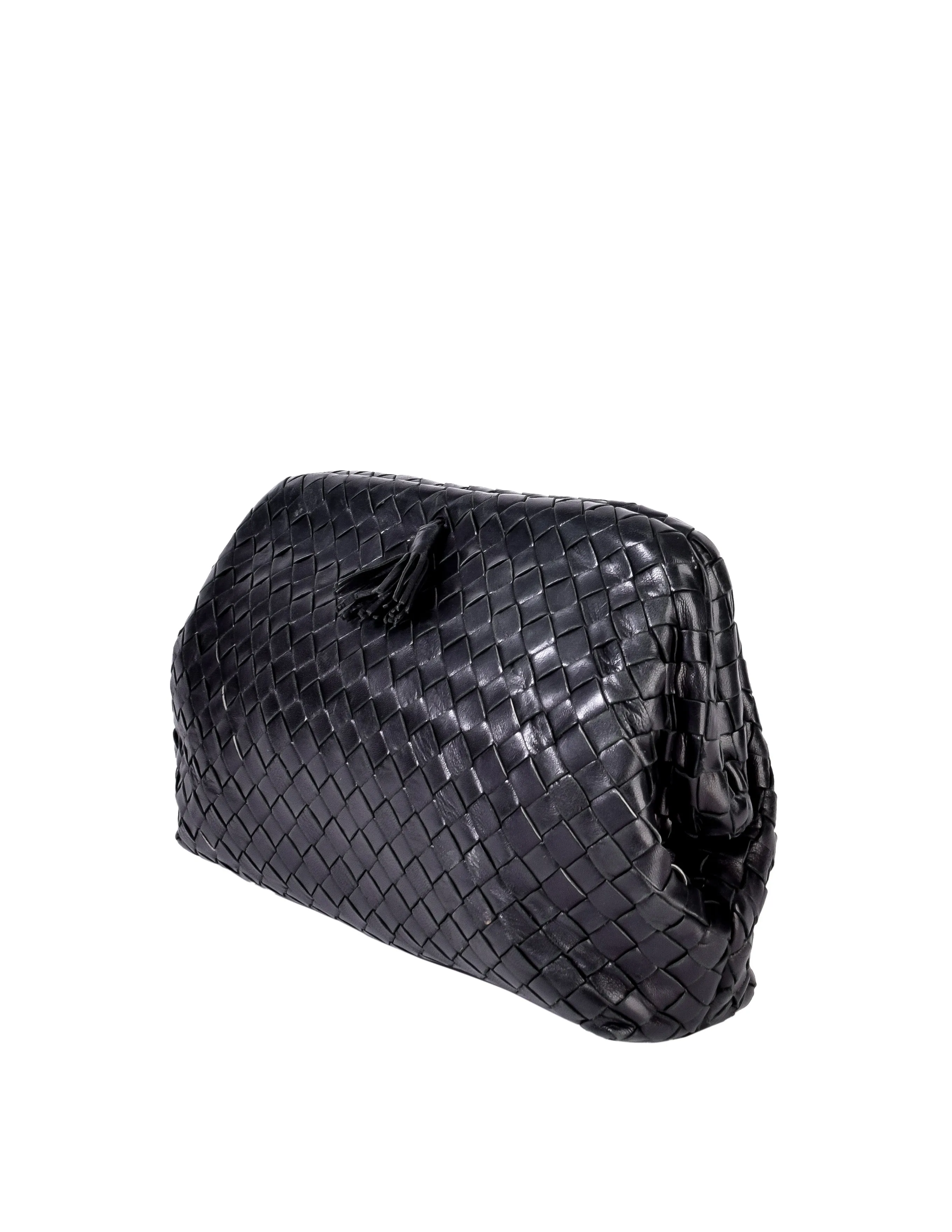 Bottega Veneta Vintage Black Intrecciato Woven Leather Kisslock Clutch Bag