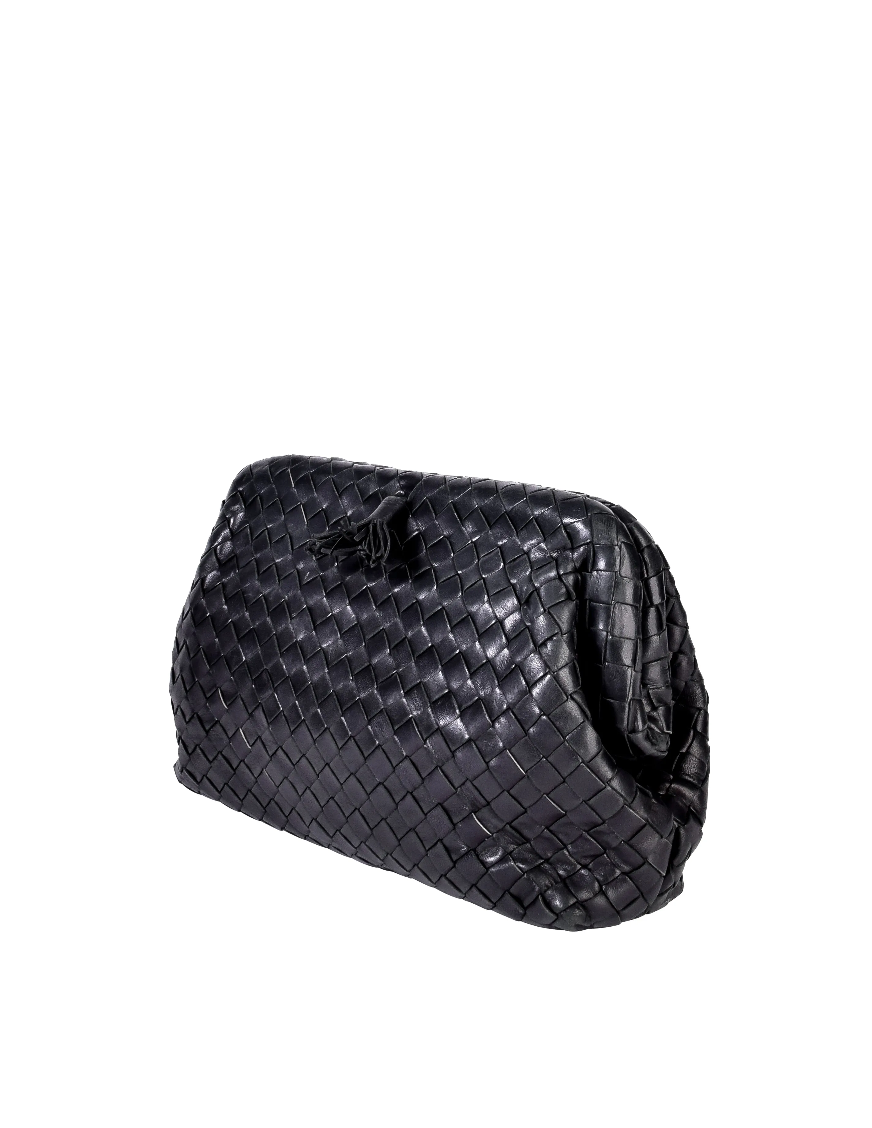 Bottega Veneta Vintage Black Intrecciato Woven Leather Kisslock Clutch Bag