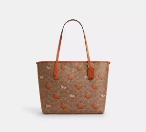 City Tote Bag In Signature Canvas With Orange Print