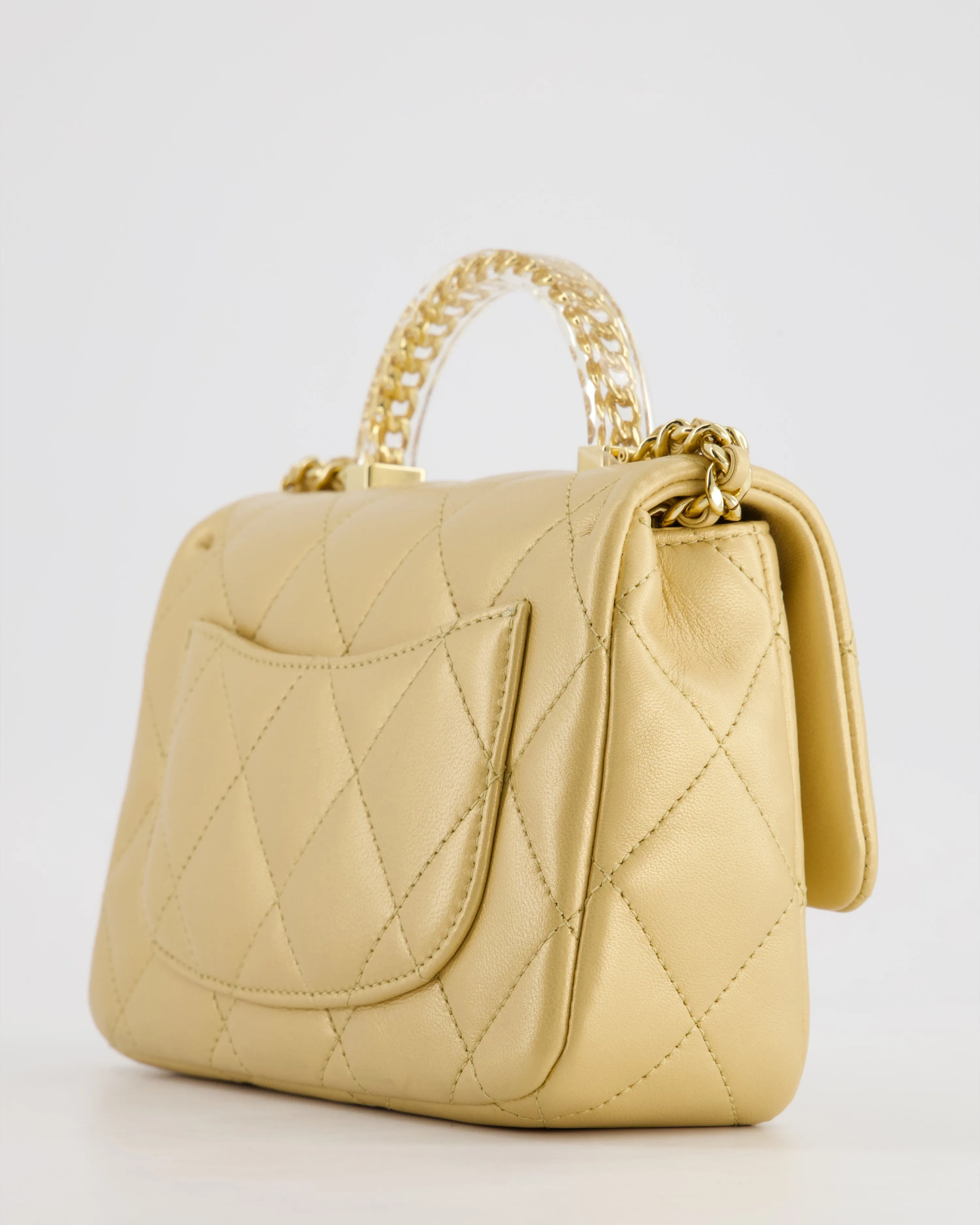 *CURRENT COLLECTION* Chanel Metallic Gold Mini Top Handle Bag in Calfskin Leather with Gold Hardware and Clear Perspex Handle Detail