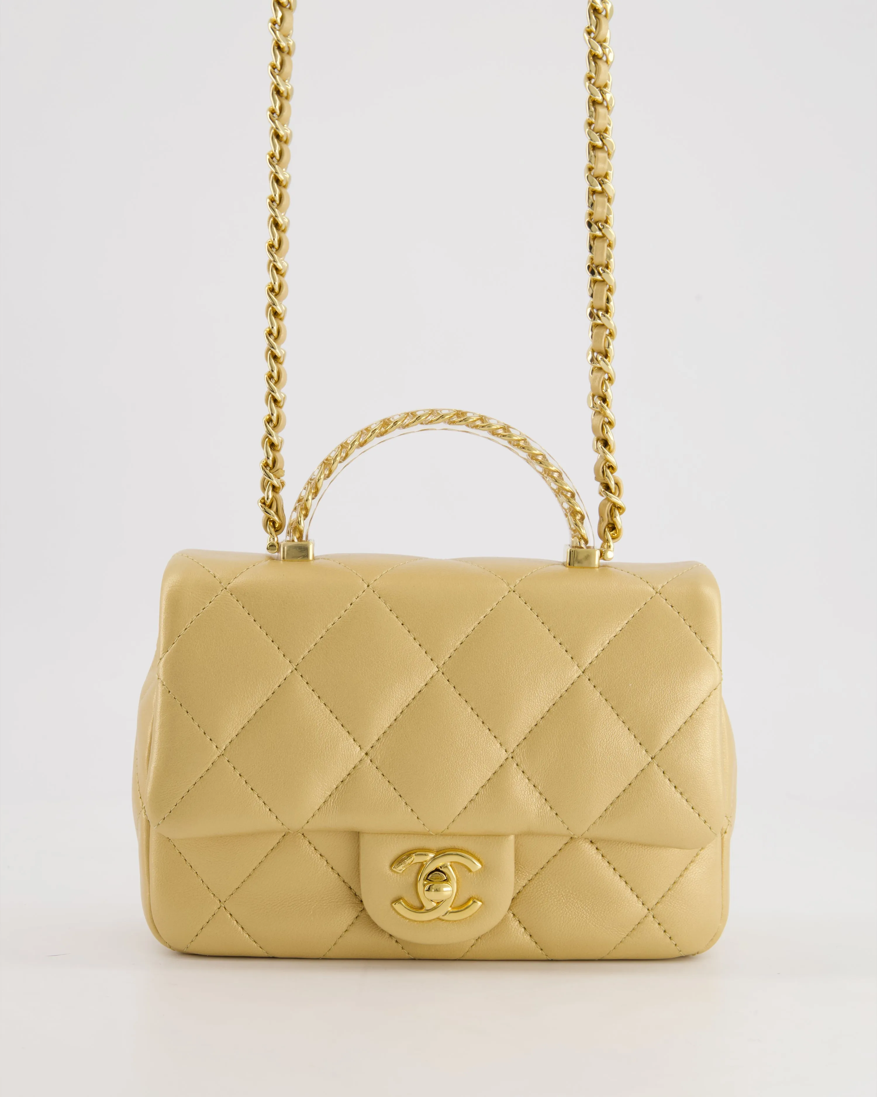 *CURRENT COLLECTION* Chanel Metallic Gold Mini Top Handle Bag in Calfskin Leather with Gold Hardware and Clear Perspex Handle Detail