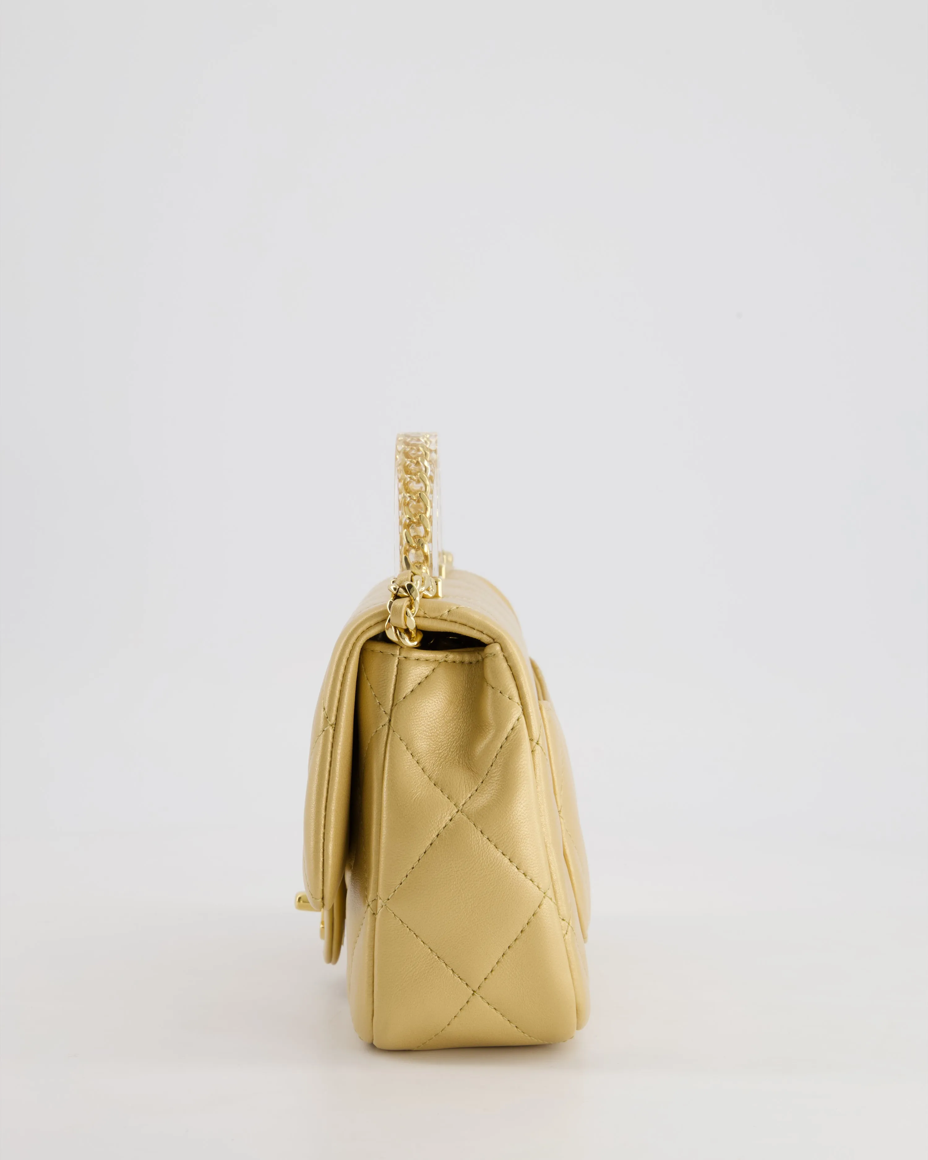*CURRENT COLLECTION* Chanel Metallic Gold Mini Top Handle Bag in Calfskin Leather with Gold Hardware and Clear Perspex Handle Detail