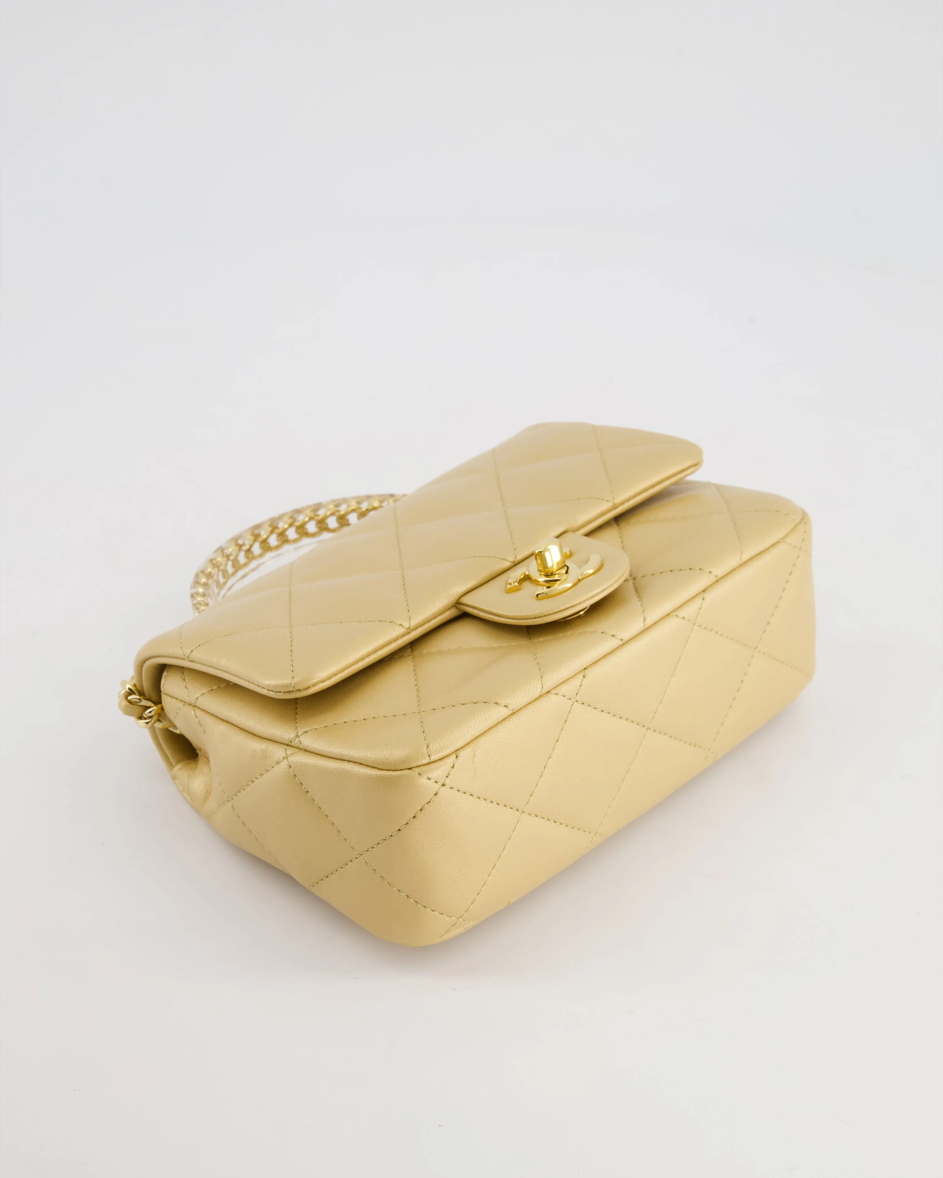 *CURRENT COLLECTION* Chanel Metallic Gold Mini Top Handle Bag in Calfskin Leather with Gold Hardware and Clear Perspex Handle Detail