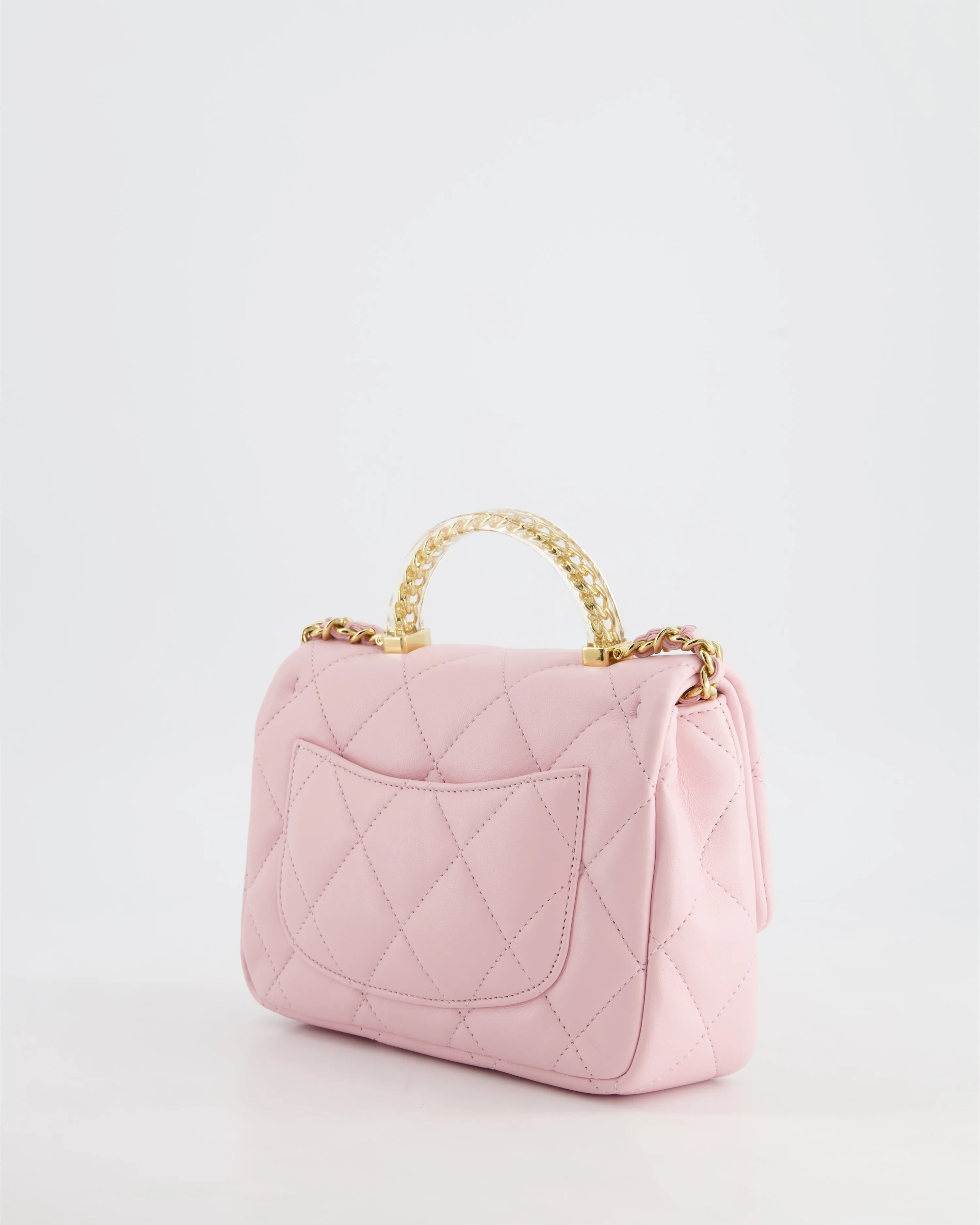 *CURRENT COLLECTION* Chanel Petal Pink Mini Top Handle Bag in Calfskin Leather with Gold Hardware and Clear Perspex Handle Detail