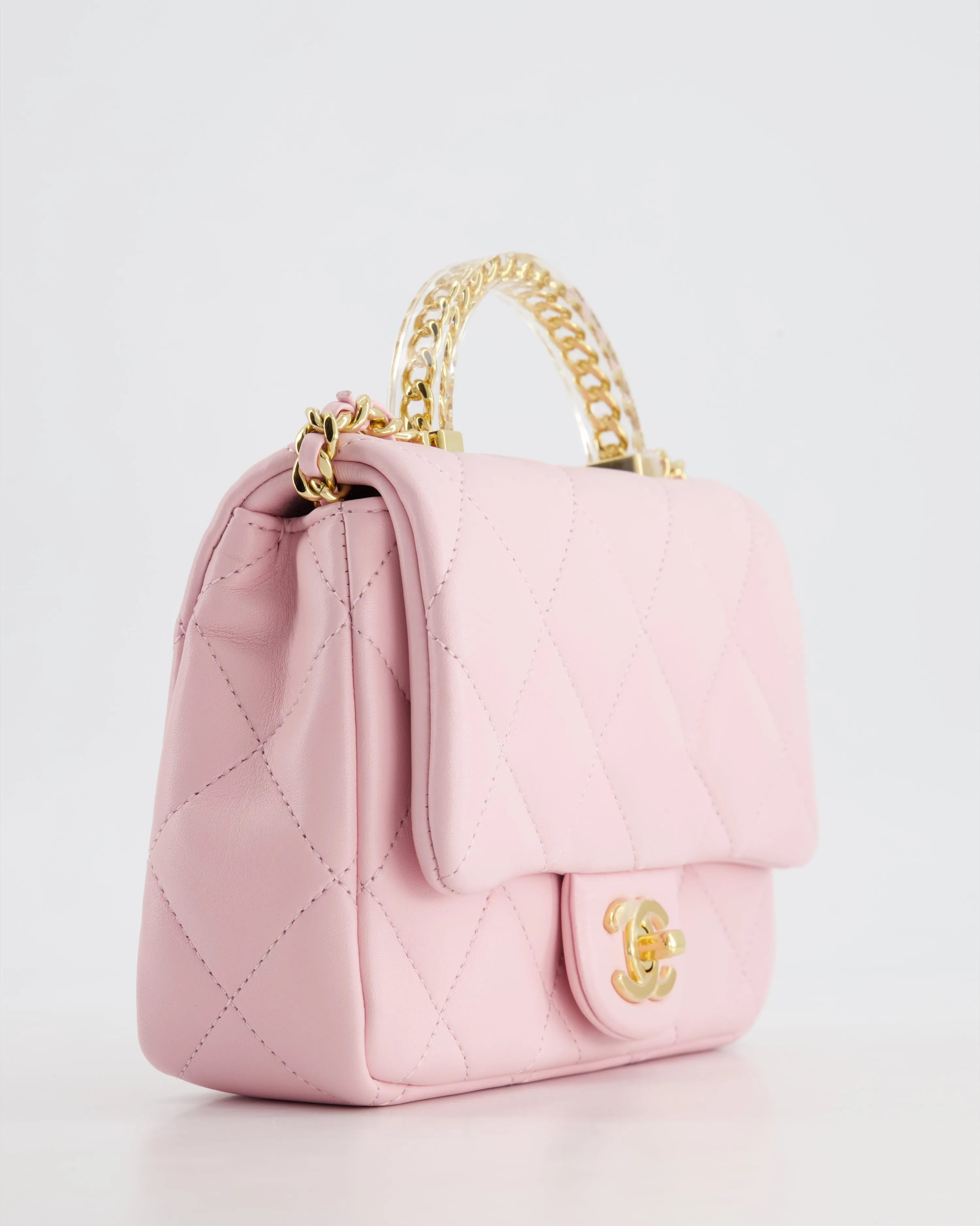 *CURRENT COLLECTION* Chanel Petal Pink Mini Top Handle Bag in Calfskin Leather with Gold Hardware and Clear Perspex Handle Detail