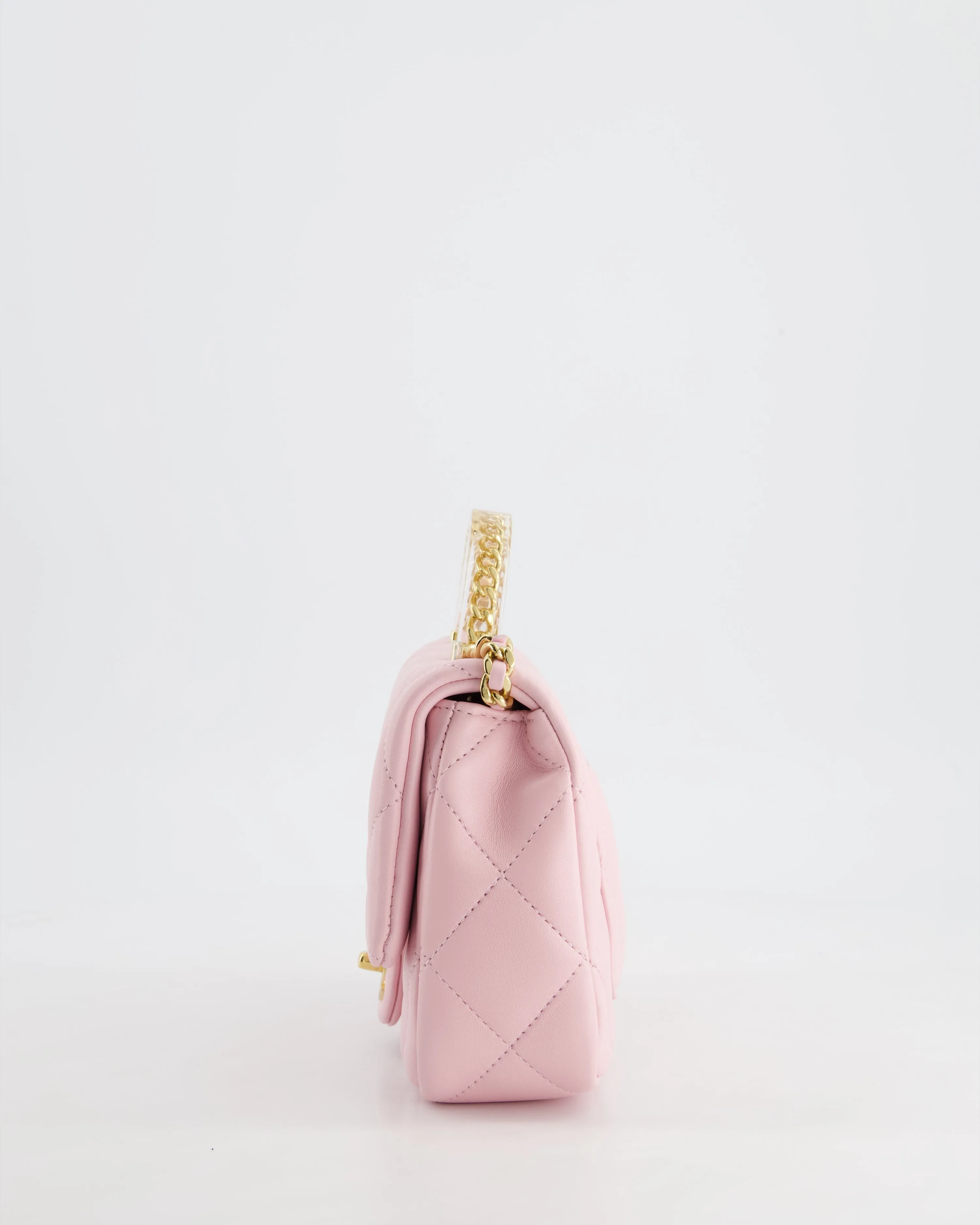 *CURRENT COLLECTION* Chanel Petal Pink Mini Top Handle Bag in Calfskin Leather with Gold Hardware and Clear Perspex Handle Detail