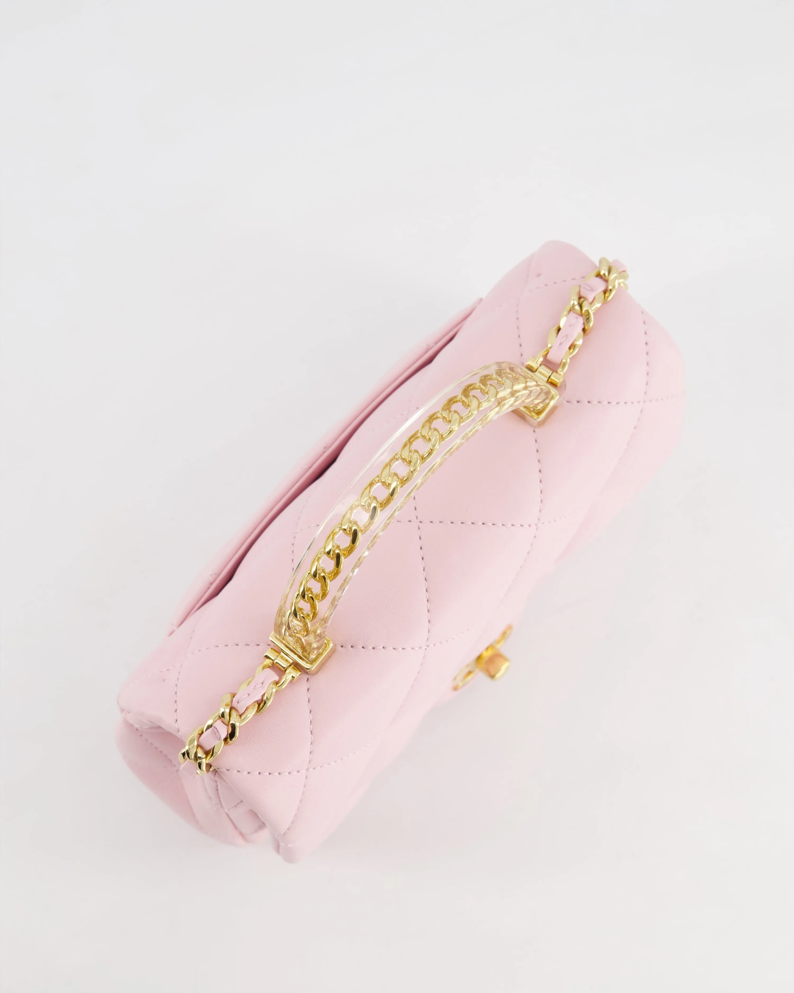 *CURRENT COLLECTION* Chanel Petal Pink Mini Top Handle Bag in Calfskin Leather with Gold Hardware and Clear Perspex Handle Detail