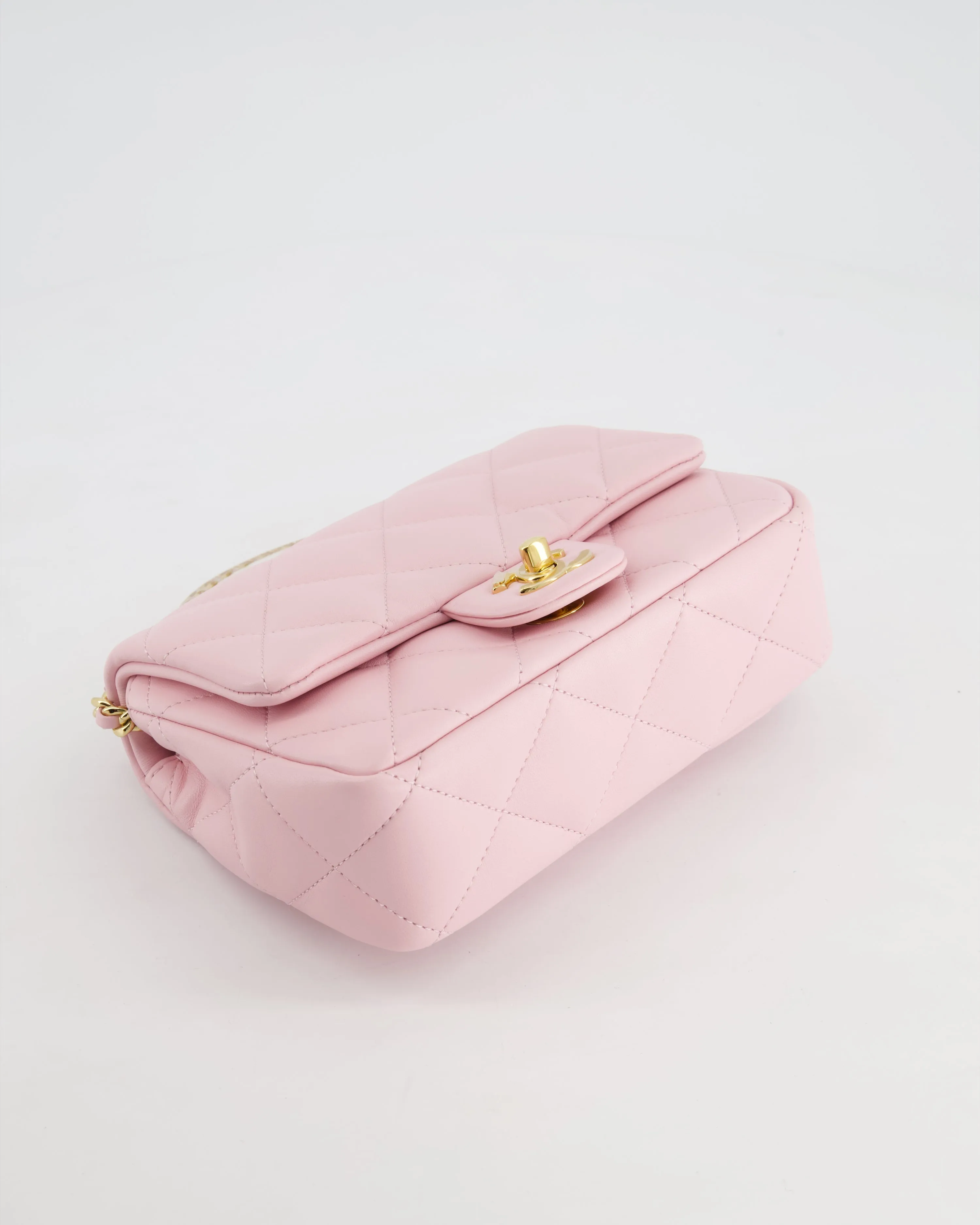 *CURRENT COLLECTION* Chanel Petal Pink Mini Top Handle Bag in Calfskin Leather with Gold Hardware and Clear Perspex Handle Detail