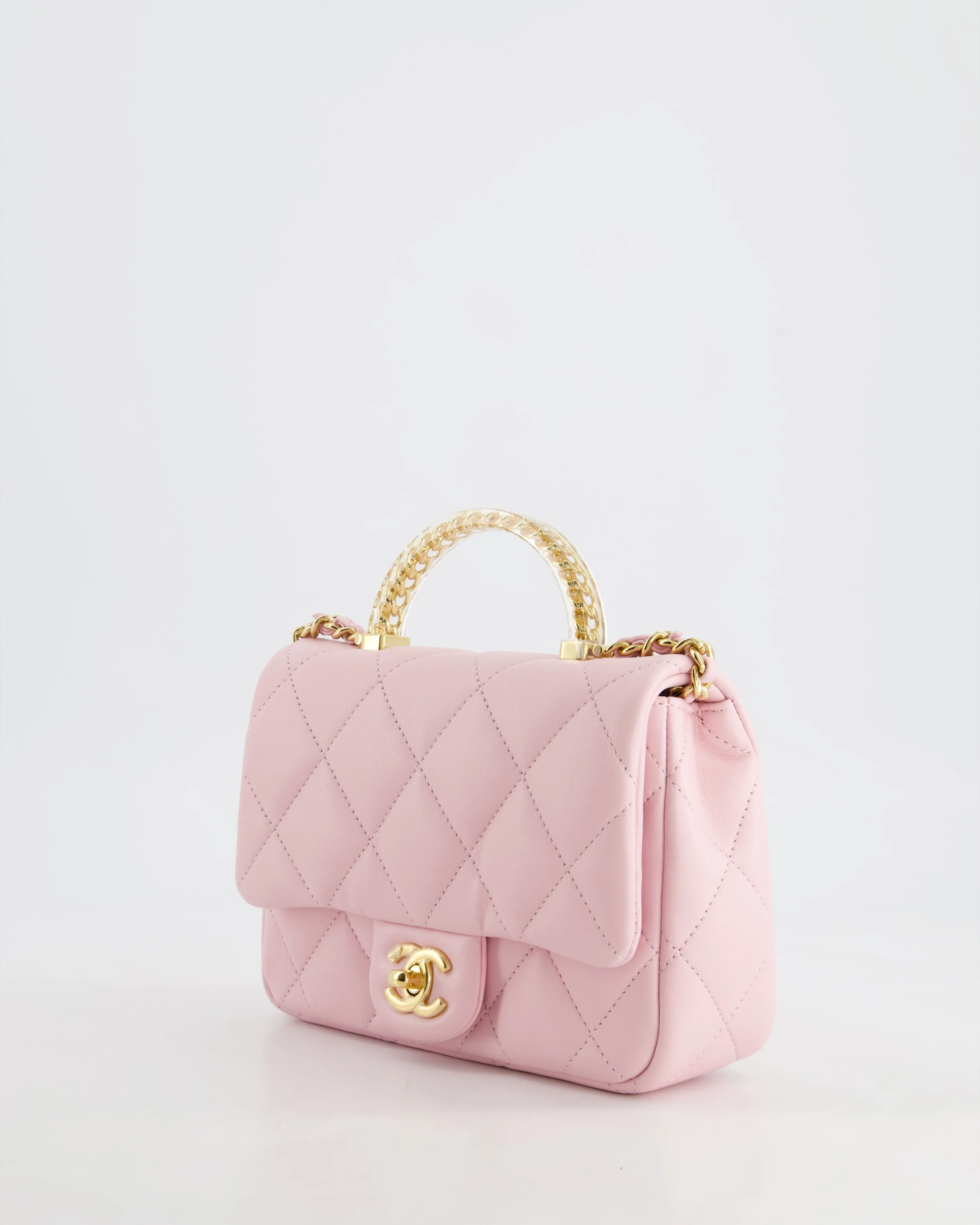 *CURRENT COLLECTION* Chanel Petal Pink Mini Top Handle Bag in Calfskin Leather with Gold Hardware and Clear Perspex Handle Detail