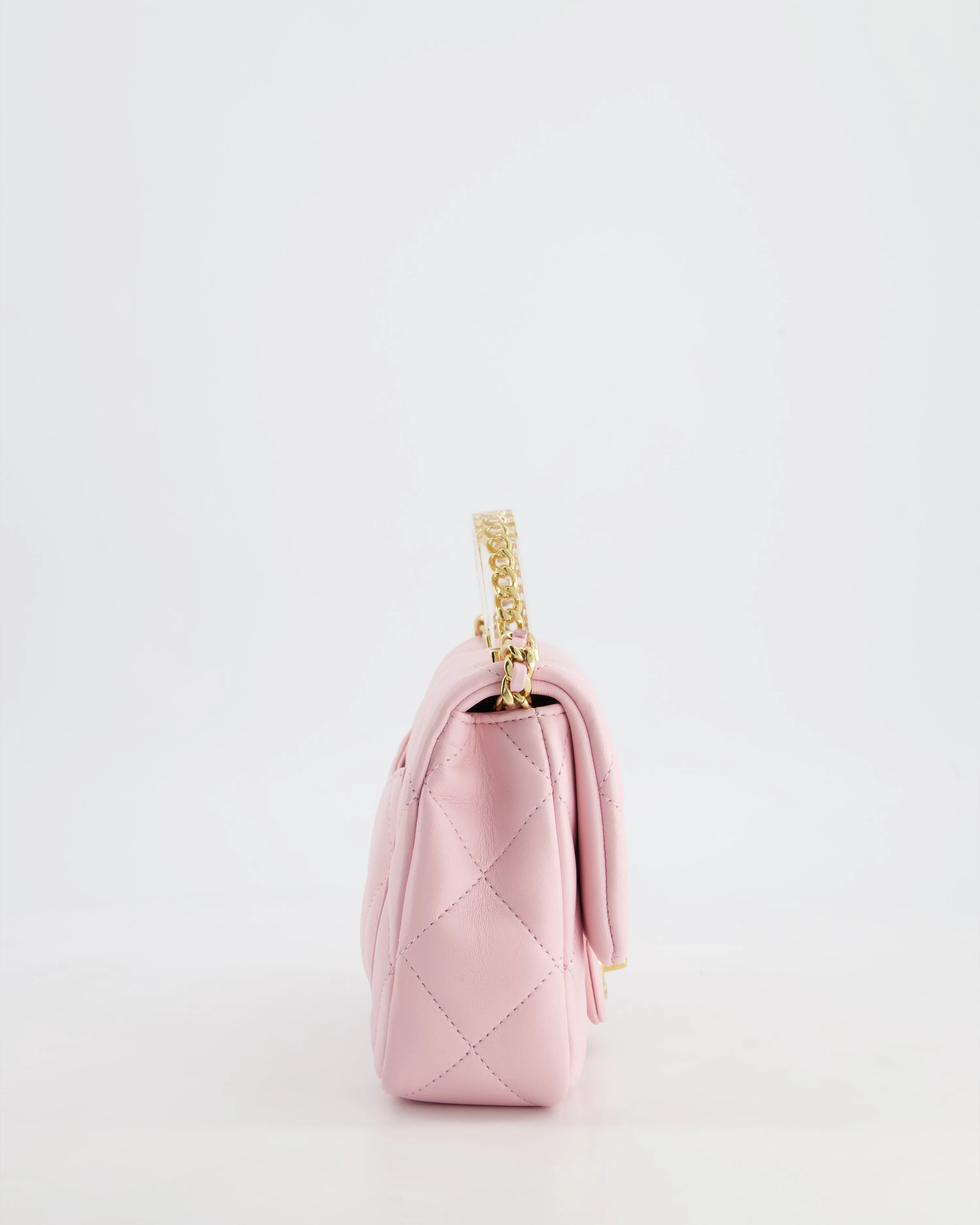*CURRENT COLLECTION* Chanel Petal Pink Mini Top Handle Bag in Calfskin Leather with Gold Hardware and Clear Perspex Handle Detail