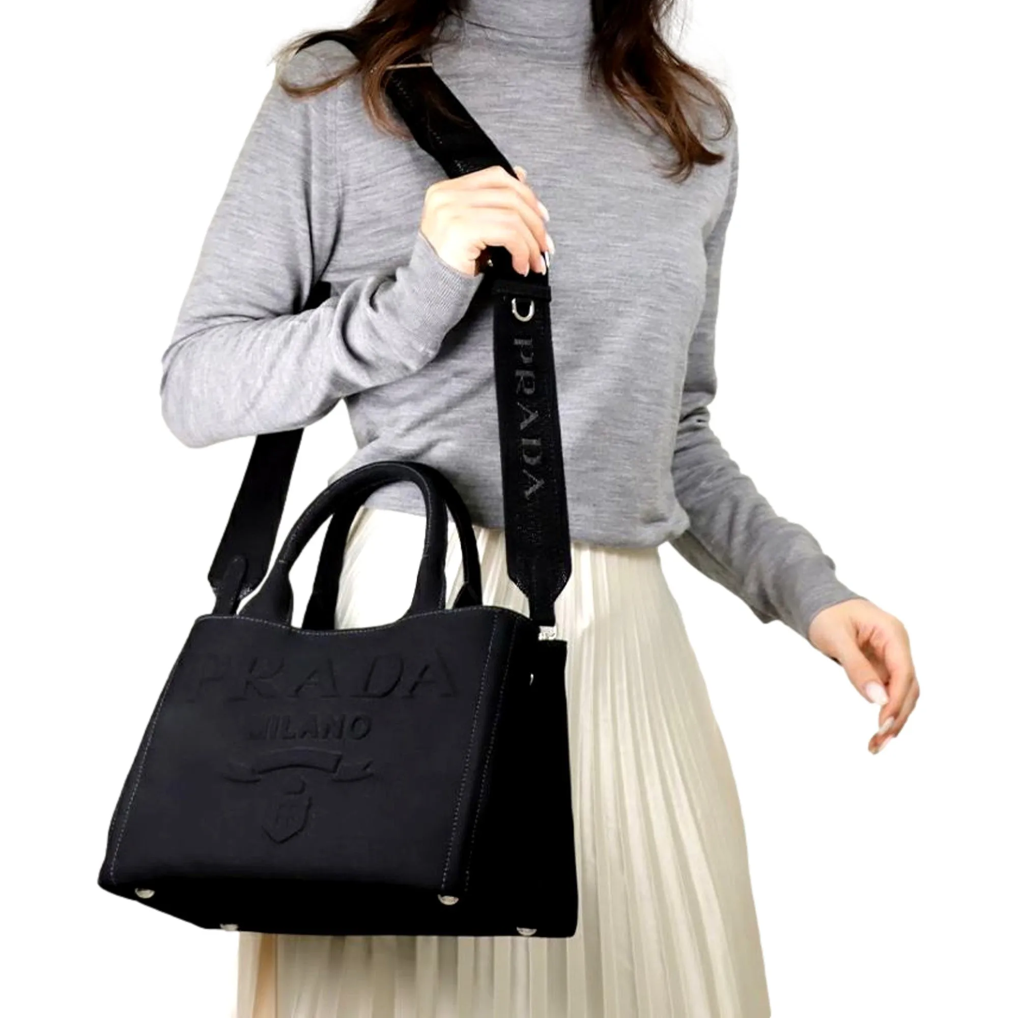 Prada Canapa Tote Handbag Canvas Embossed Lettering Logo Fabric Black