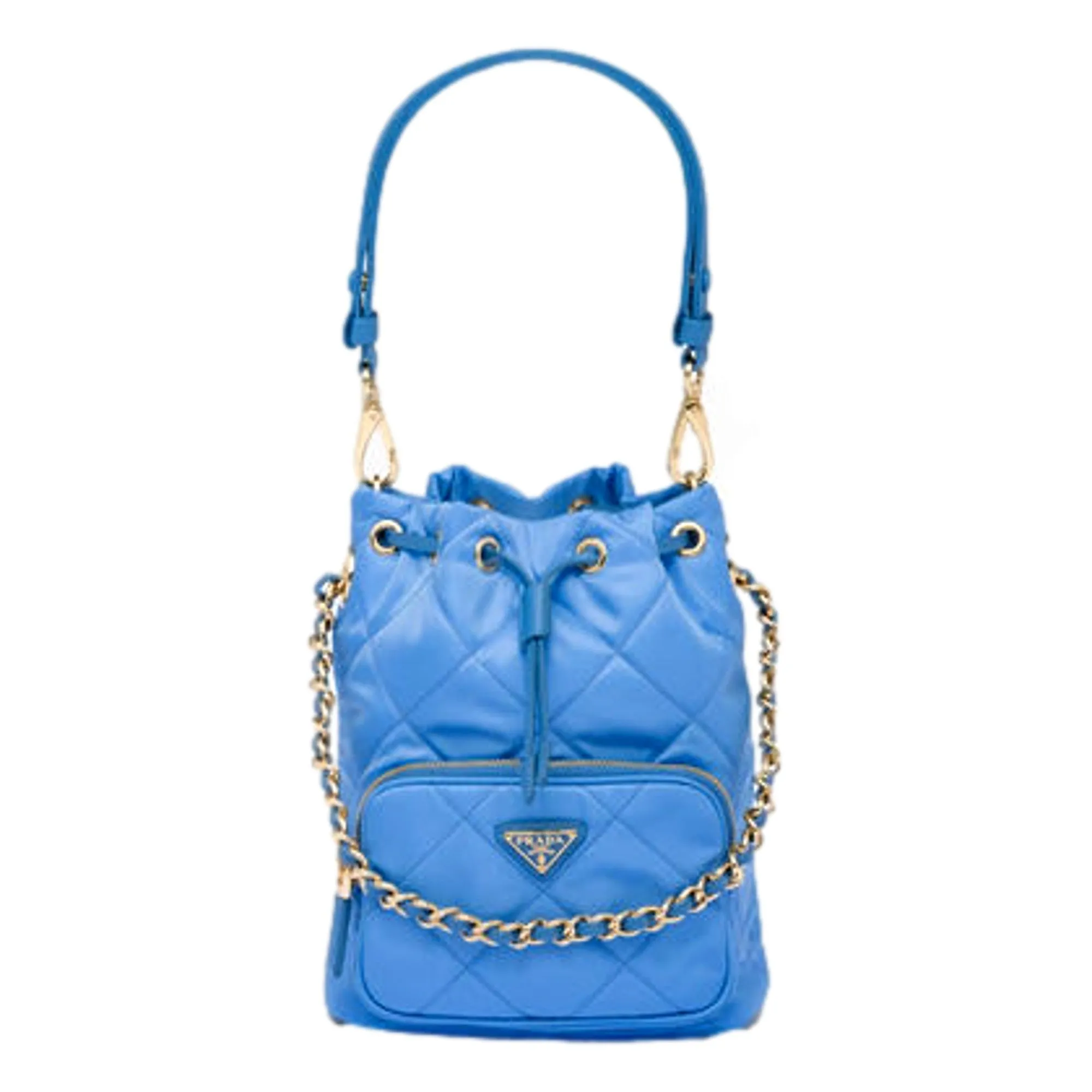 Prada Tessuto Nylon Pervinca Blue Duet Drawstring Quilted Bucket Bag