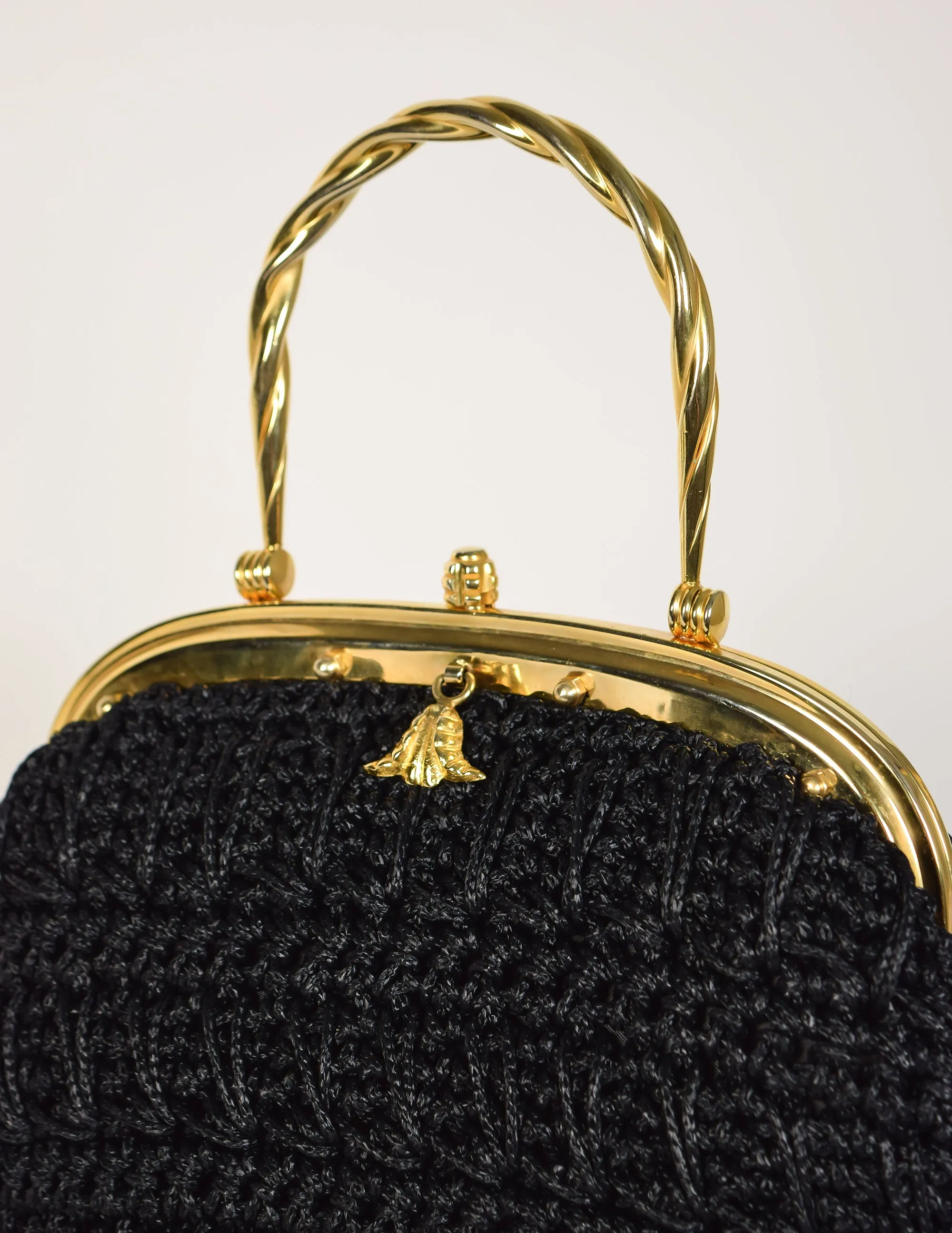 Vintage 1970s Italian Woven Black Raffia Rope Gold Framed Basket Bag