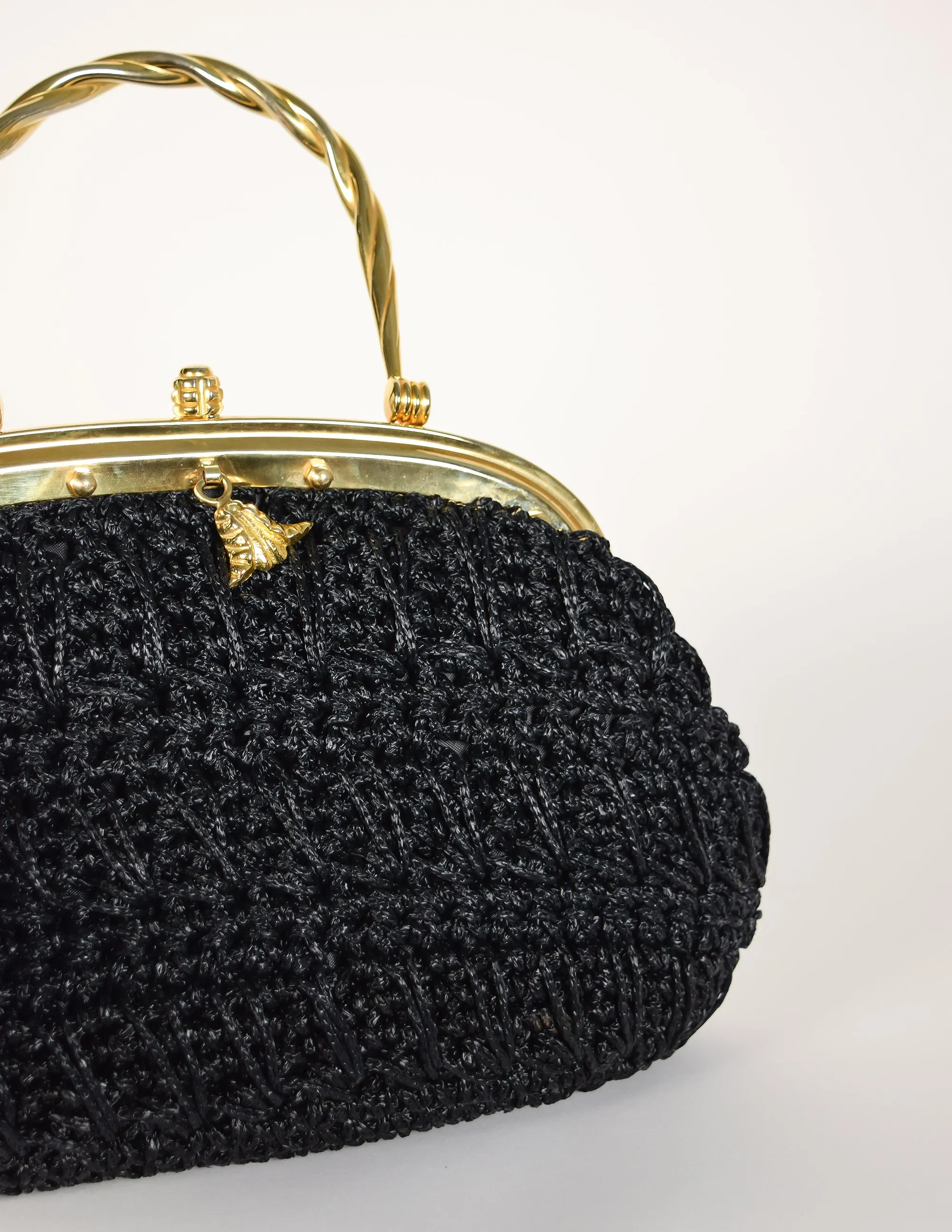 Vintage 1970s Italian Woven Black Raffia Rope Gold Framed Basket Bag