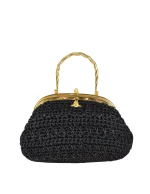 Vintage 1970s Italian Woven Black Raffia Rope Gold Framed Basket Bag