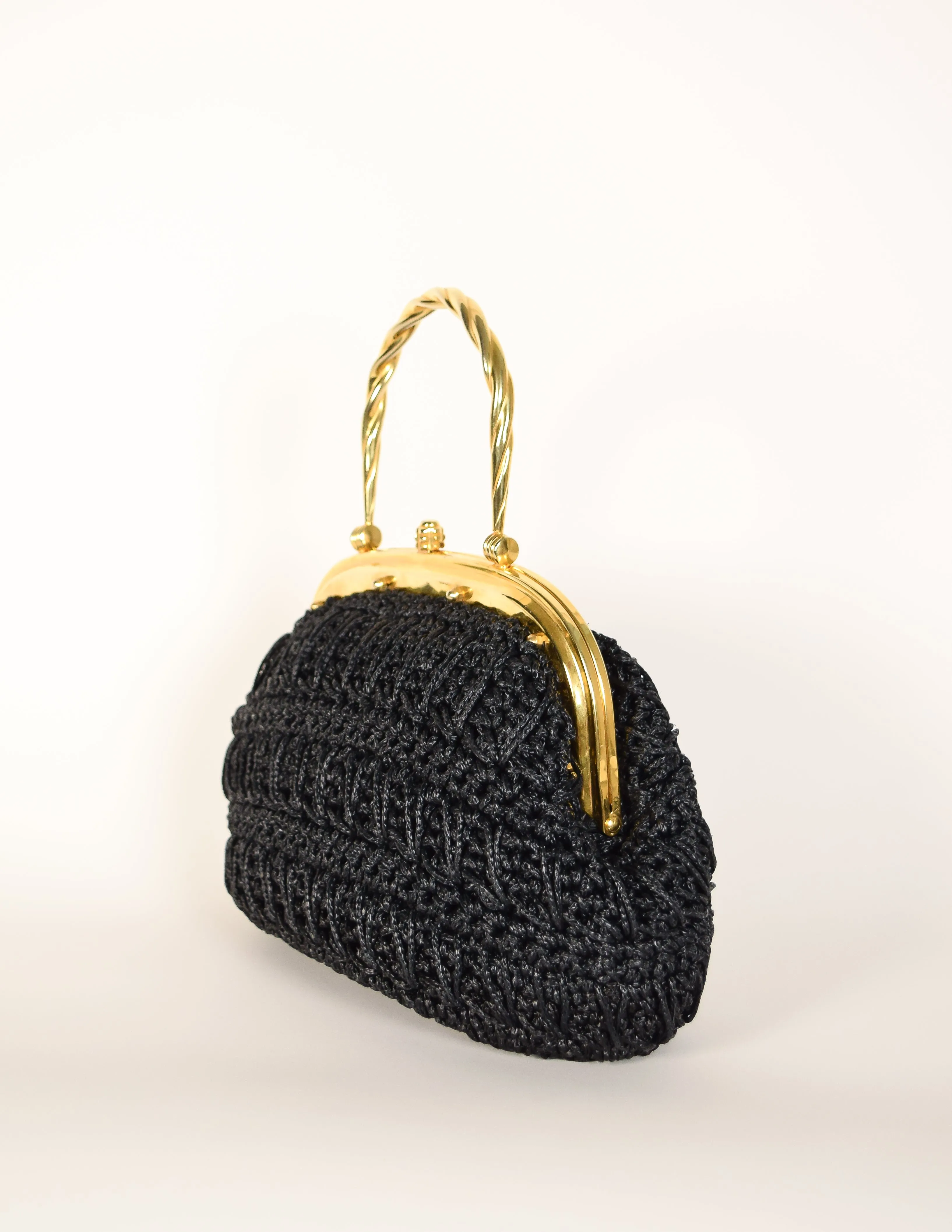 Vintage 1970s Italian Woven Black Raffia Rope Gold Framed Basket Bag