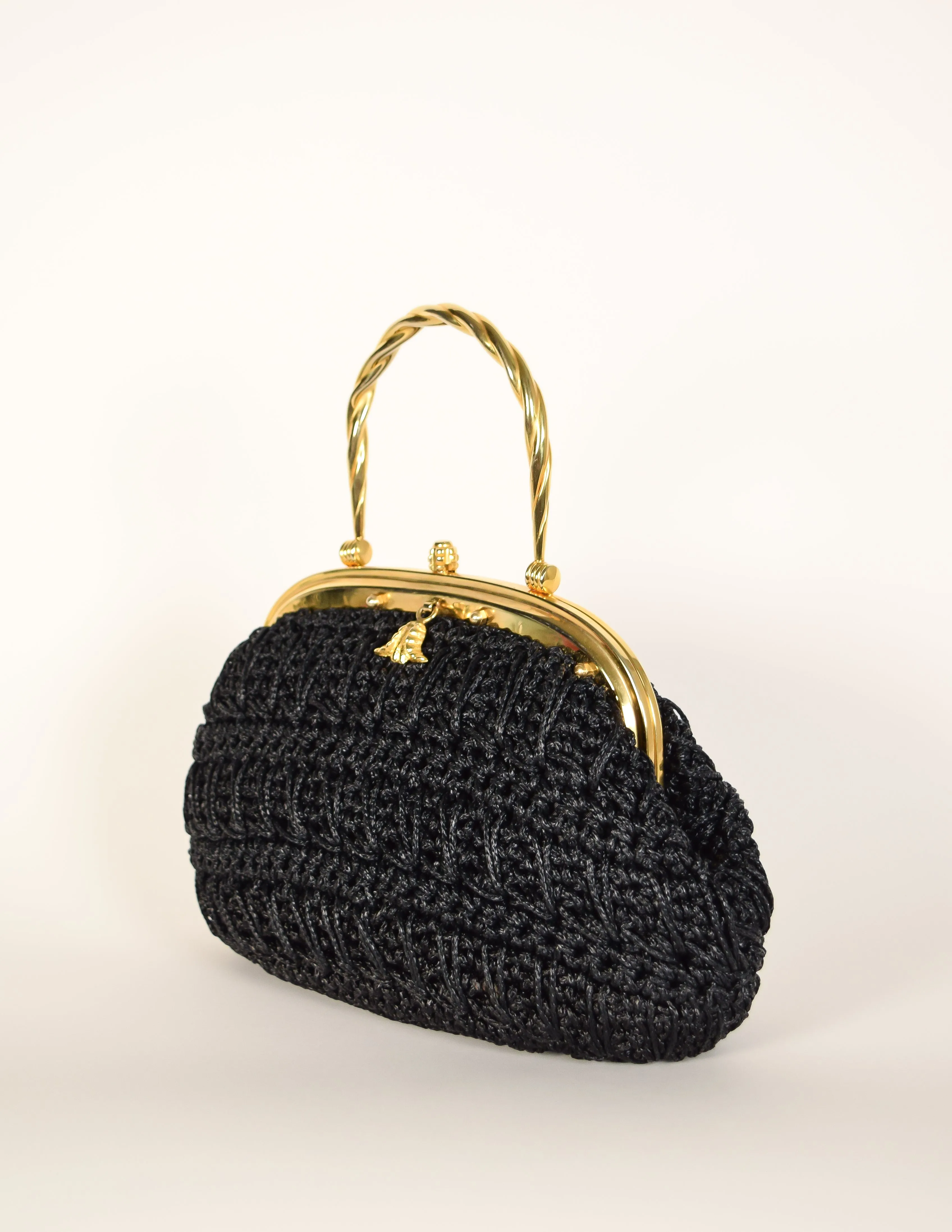 Vintage 1970s Italian Woven Black Raffia Rope Gold Framed Basket Bag