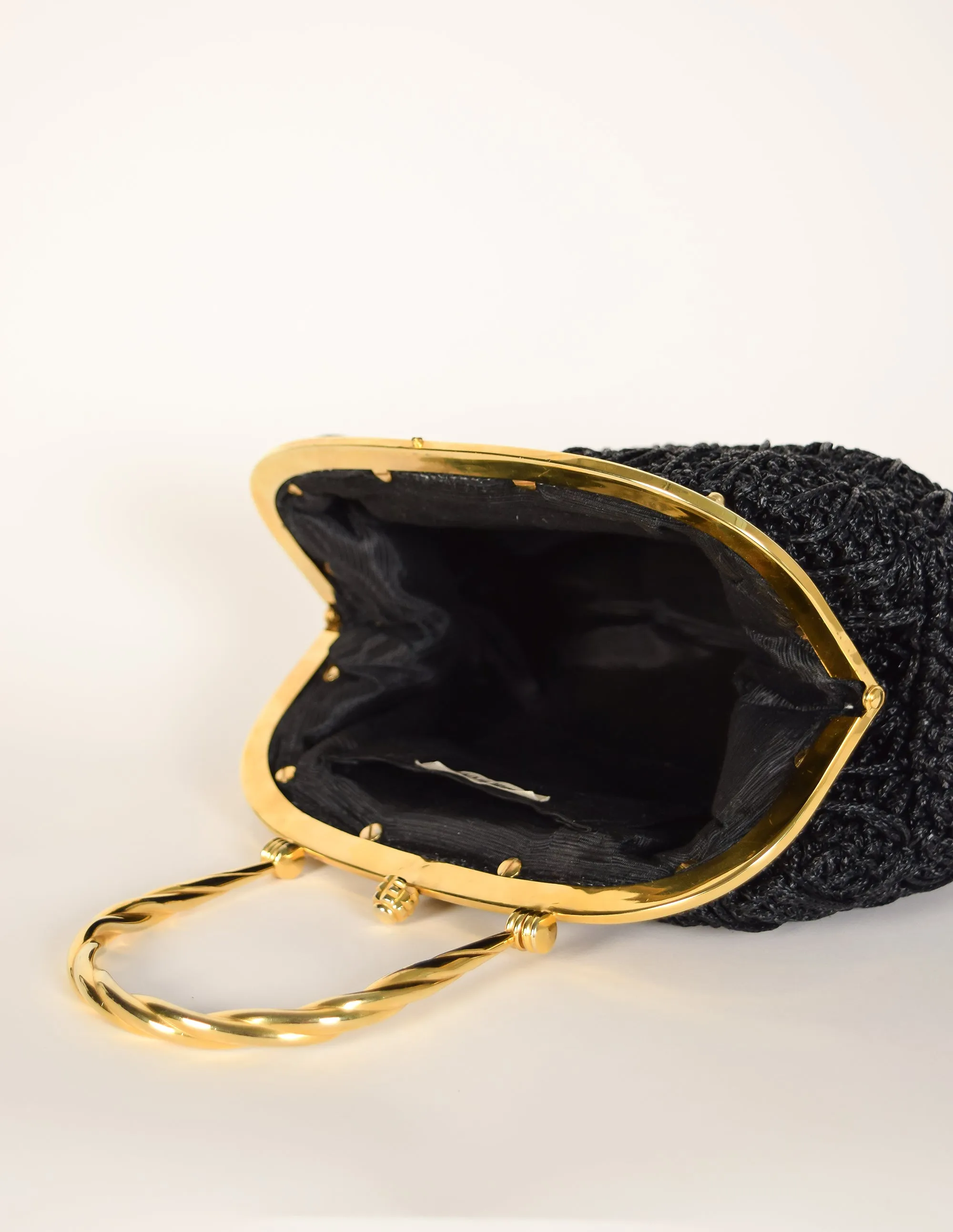 Vintage 1970s Italian Woven Black Raffia Rope Gold Framed Basket Bag